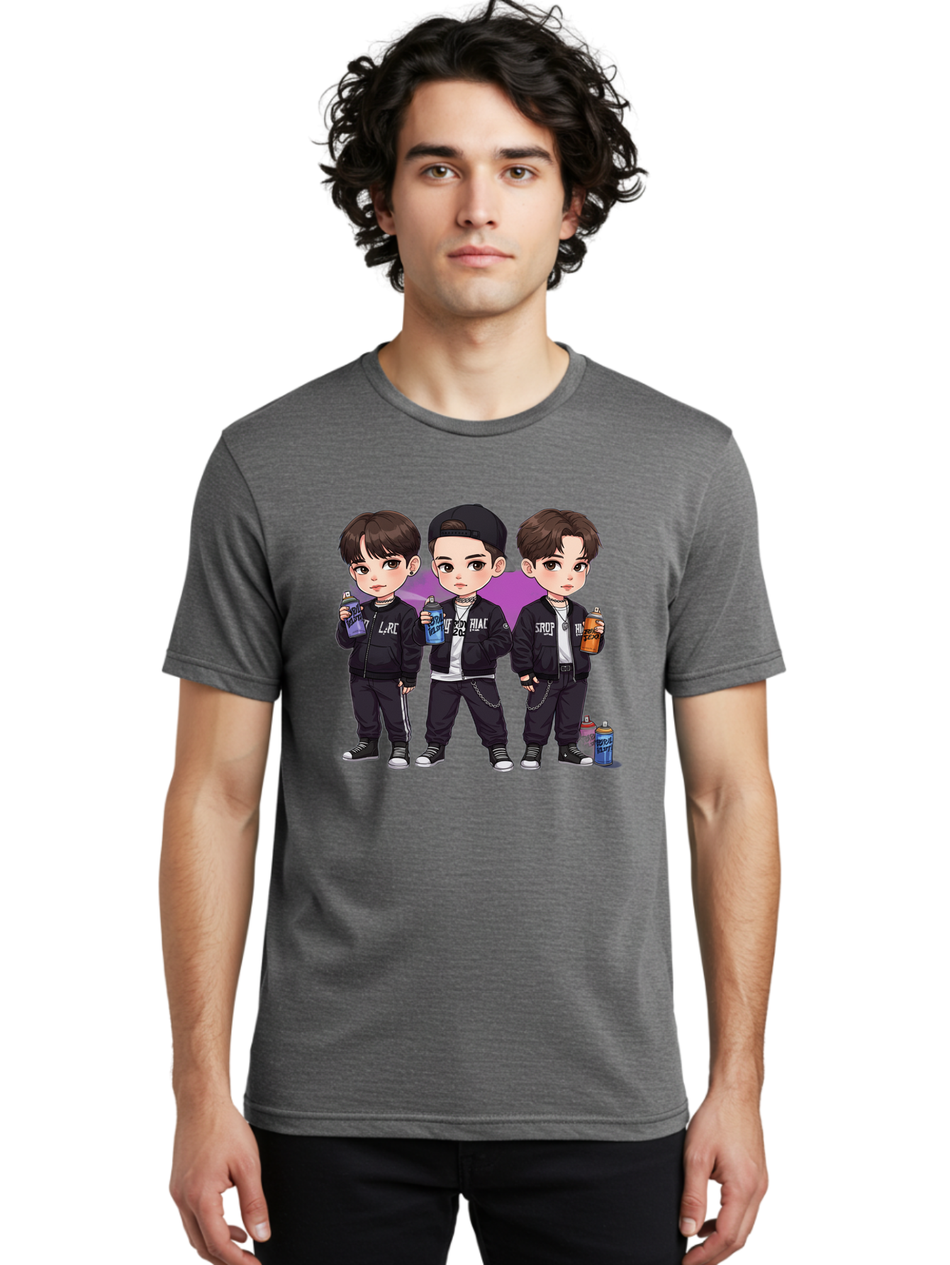 Chibi-Boys Men'S Graphic Tee, 100% Cotton, Comfortable Casual Summer Wear, Machine Washable, Three Boys In Black Jackets, Streetwear Fashion, Casual Style, Young Males, Holding Cans, Urban Look, Lrc, Hiac, Srof, Graffiti Style, Kawaii Art, Bab733