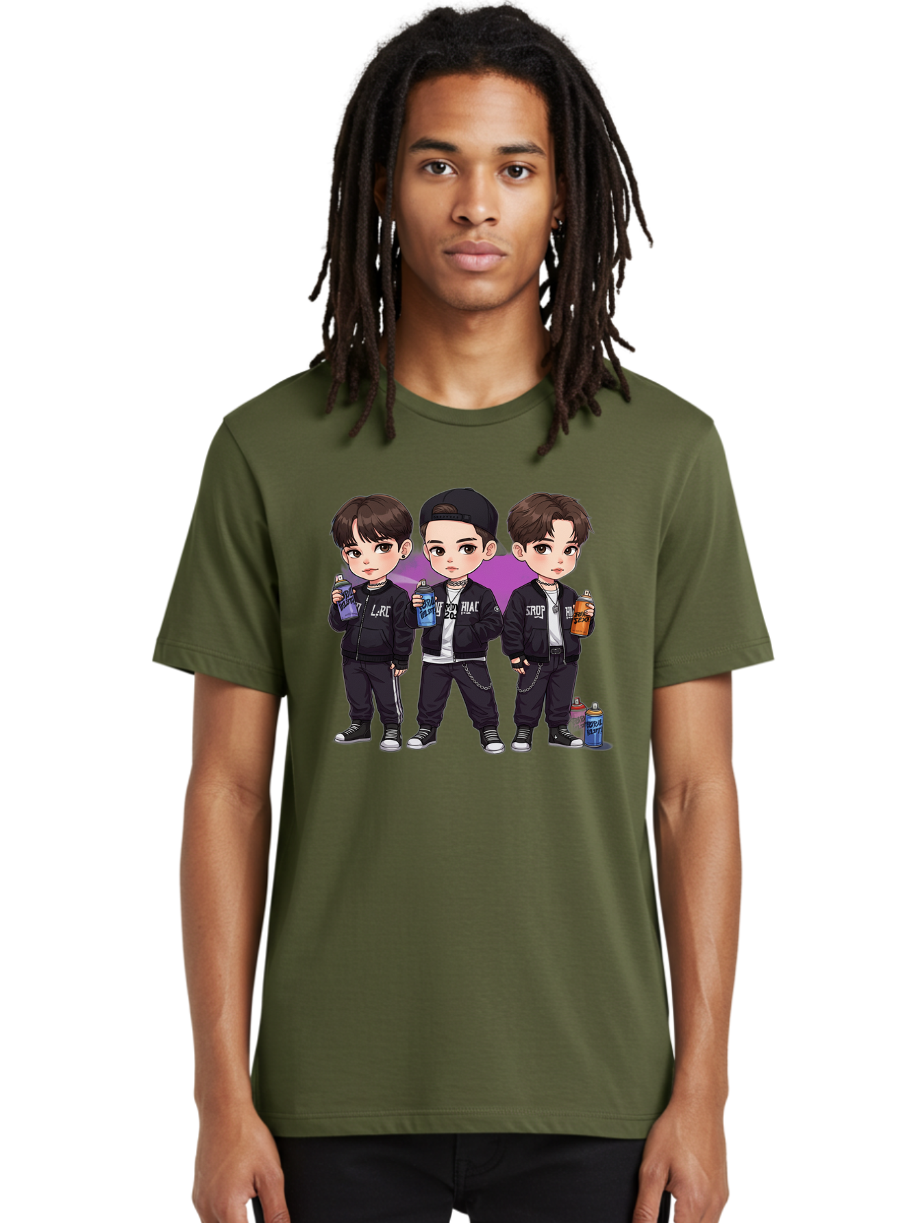 Chibi-Boys Men'S Graphic Tee, 100% Cotton, Comfortable Casual Summer Wear, Machine Washable, Three Boys In Black Jackets, Streetwear Fashion, Casual Style, Young Males, Holding Cans, Urban Look, Lrc, Hiac, Srof, Graffiti Style, Kawaii Art, Bab733