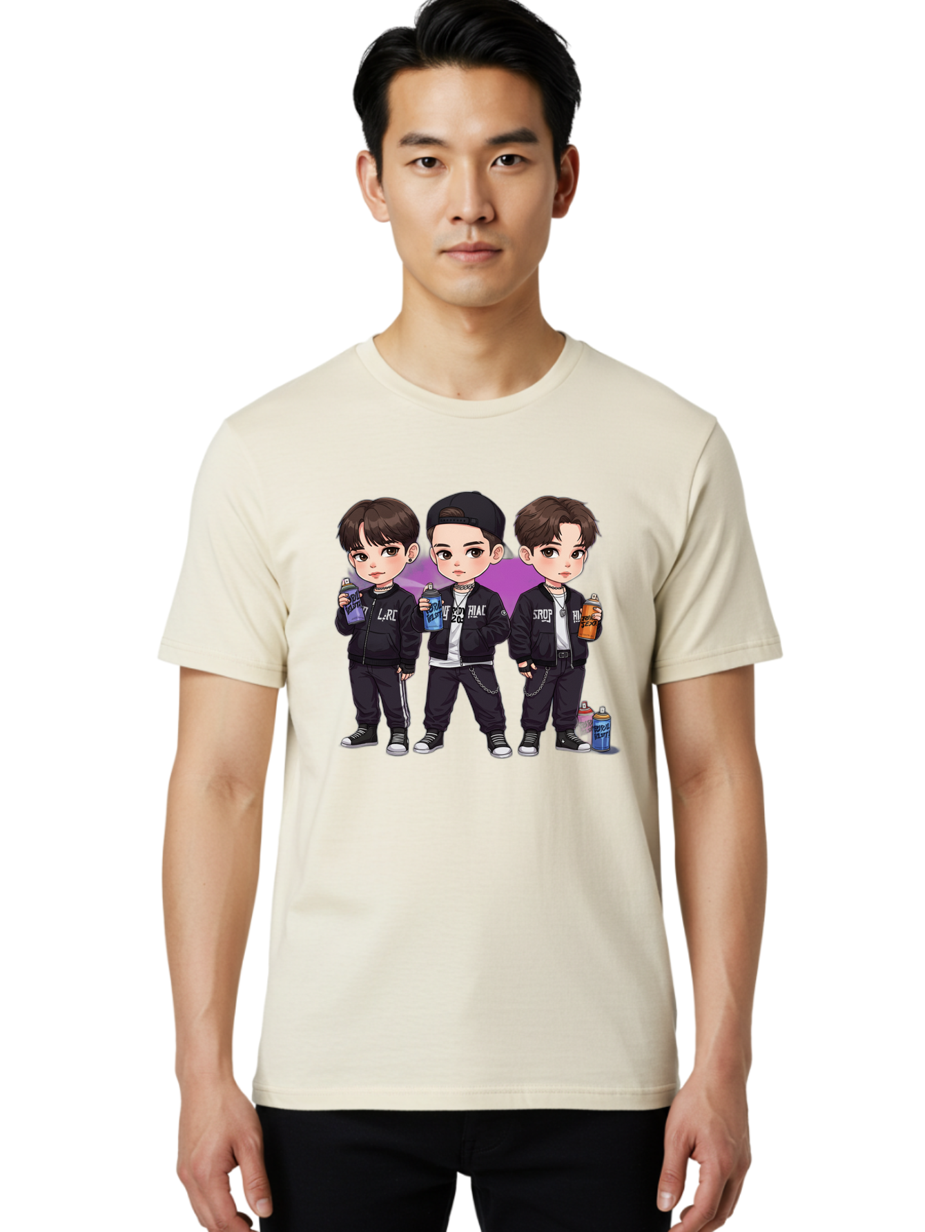 Chibi-Boys Men'S Graphic Tee, 100% Cotton, Comfortable Casual Summer Wear, Machine Washable, Three Boys In Black Jackets, Streetwear Fashion, Casual Style, Young Males, Holding Cans, Urban Look, Lrc, Hiac, Srof, Graffiti Style, Kawaii Art, Bab733