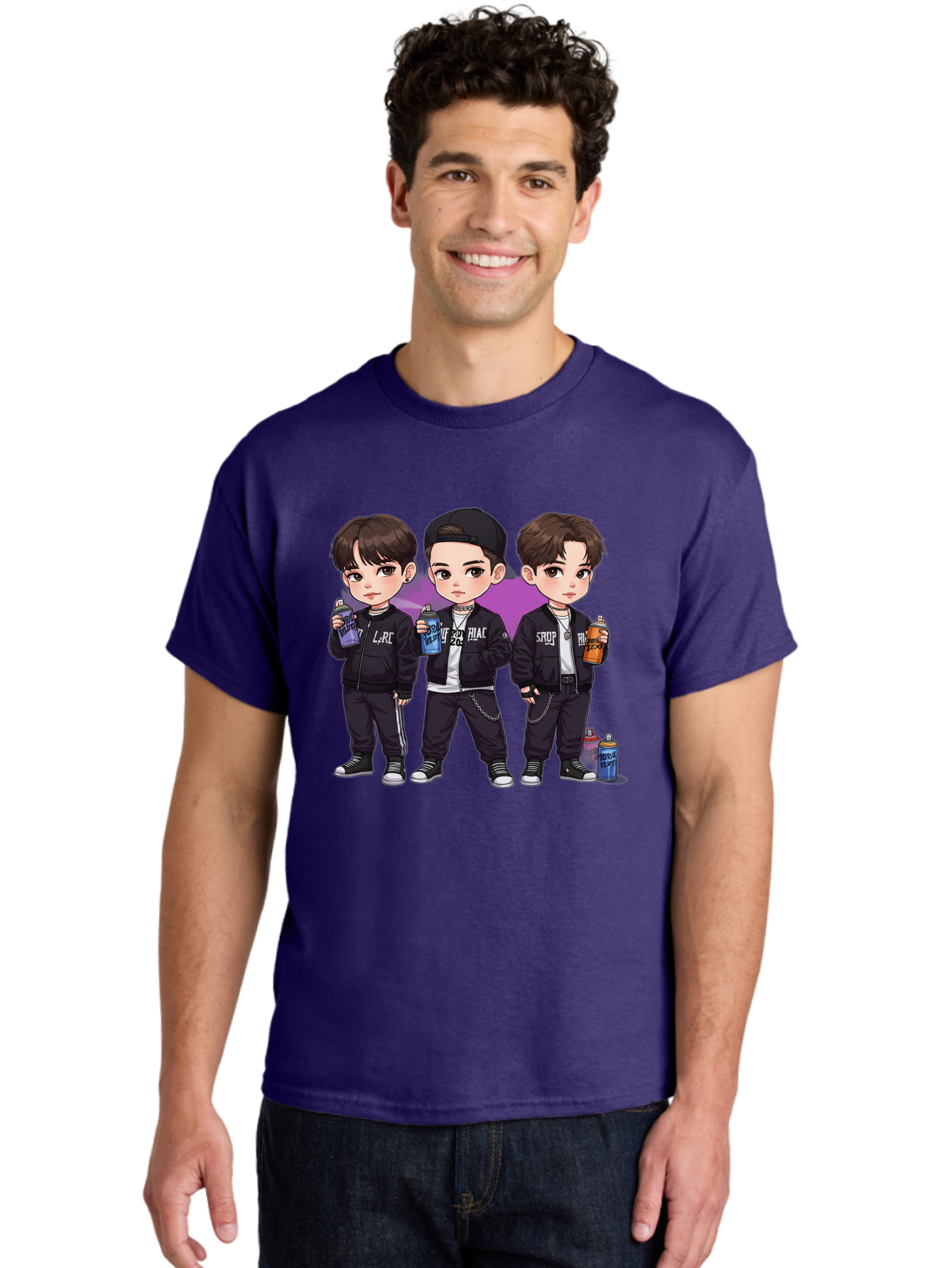 Chibi-Boys Men'S Graphic Tee, 100% Cotton, Comfortable Casual Summer Wear, Machine Washable, Three Boys In Black Jackets, Streetwear Fashion, Casual Style, Young Males, Holding Cans, Urban Look, Lrc, Hiac, Srof, Graffiti Style, Kawaii Art, Bab733