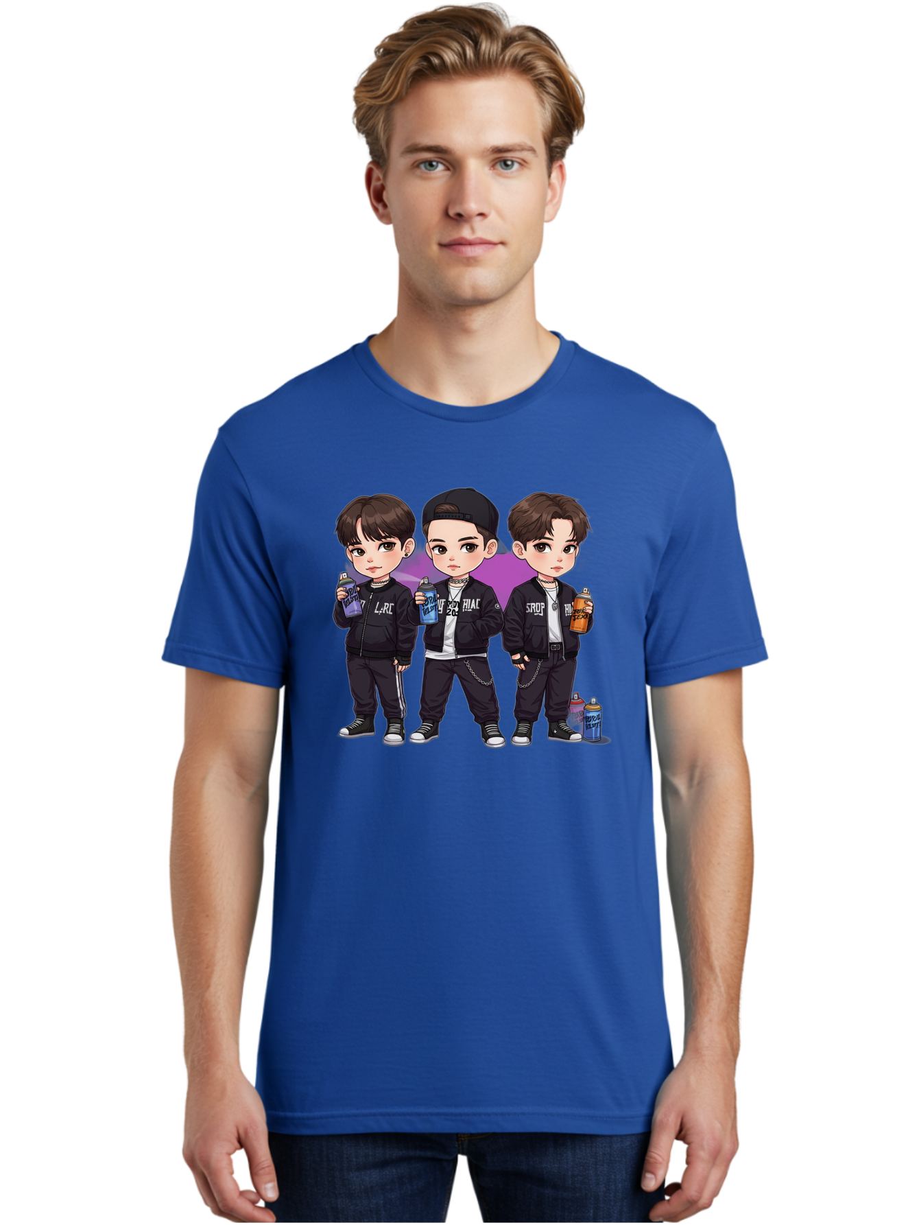 Chibi-Boys Men'S Graphic Tee, 100% Cotton, Comfortable Casual Summer Wear, Machine Washable, Three Boys In Black Jackets, Streetwear Fashion, Casual Style, Young Males, Holding Cans, Urban Look, Lrc, Hiac, Srof, Graffiti Style, Kawaii Art, Bab733