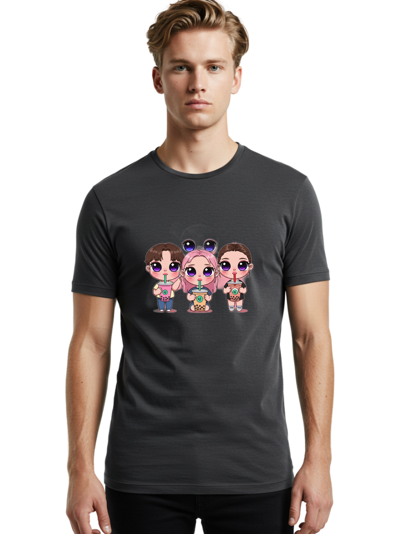 Chibi-Friends Men'S Graphic Tee, 100% Cotton, Comfortable Casual Summer Wear, Machine Washable, Chibi Style, Kawaii Characters, Boba Tea, Bubble Tea Cups, Cartoon Friends, Anime Characters, Cute Accessories, Adorable Illustrations, Bab734