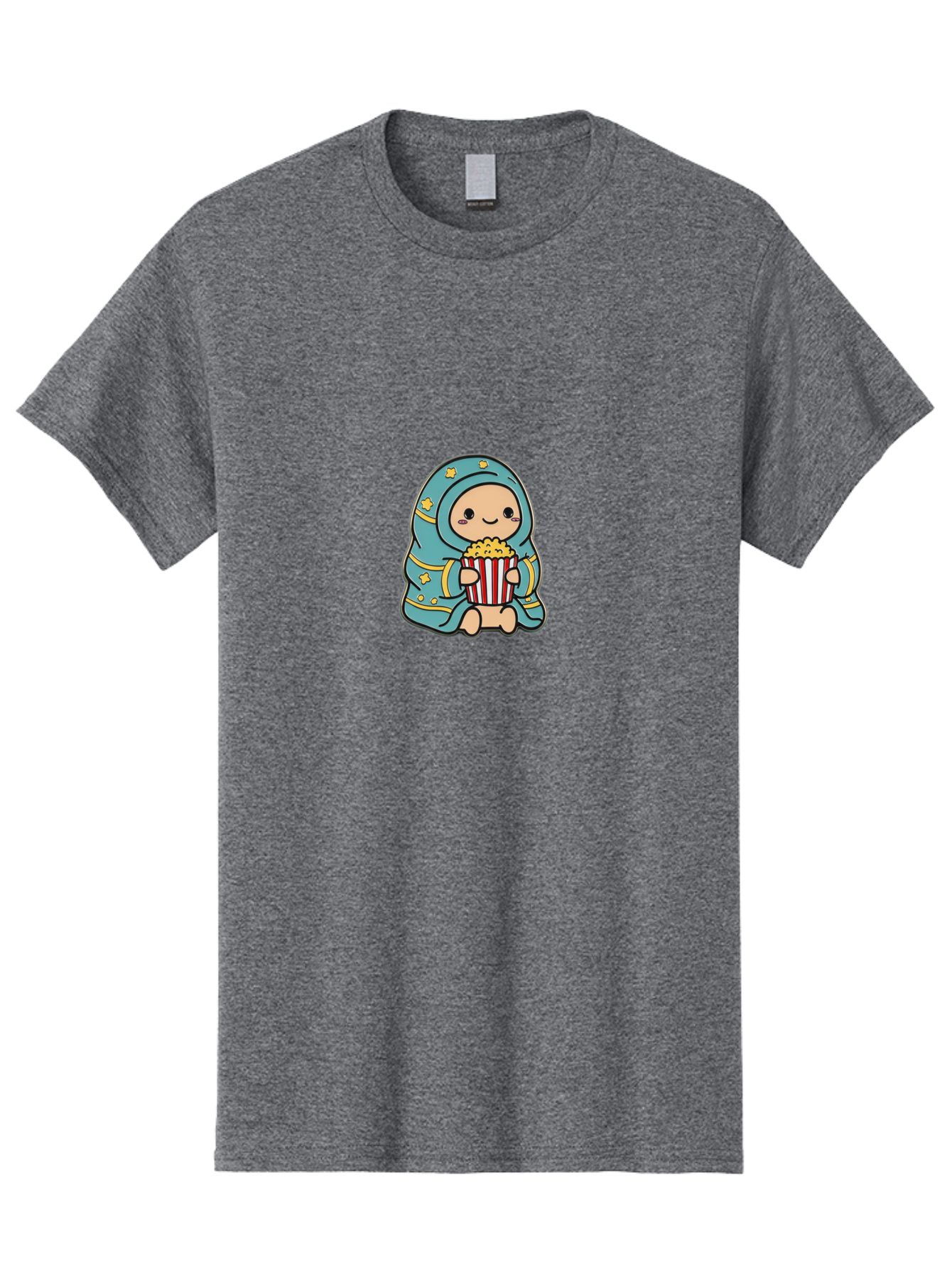 Child-With-Popcorn Men'S Graphic Tee, 100% Cotton, Comfortable Casual Summer Wear, Machine Washable, Cartoon Character, Blue Hijab, Yellow Stars, Smiling Face, Red And White Popcorn Bucket, Yellow Popcorn, Cinematic Experience, Bab735