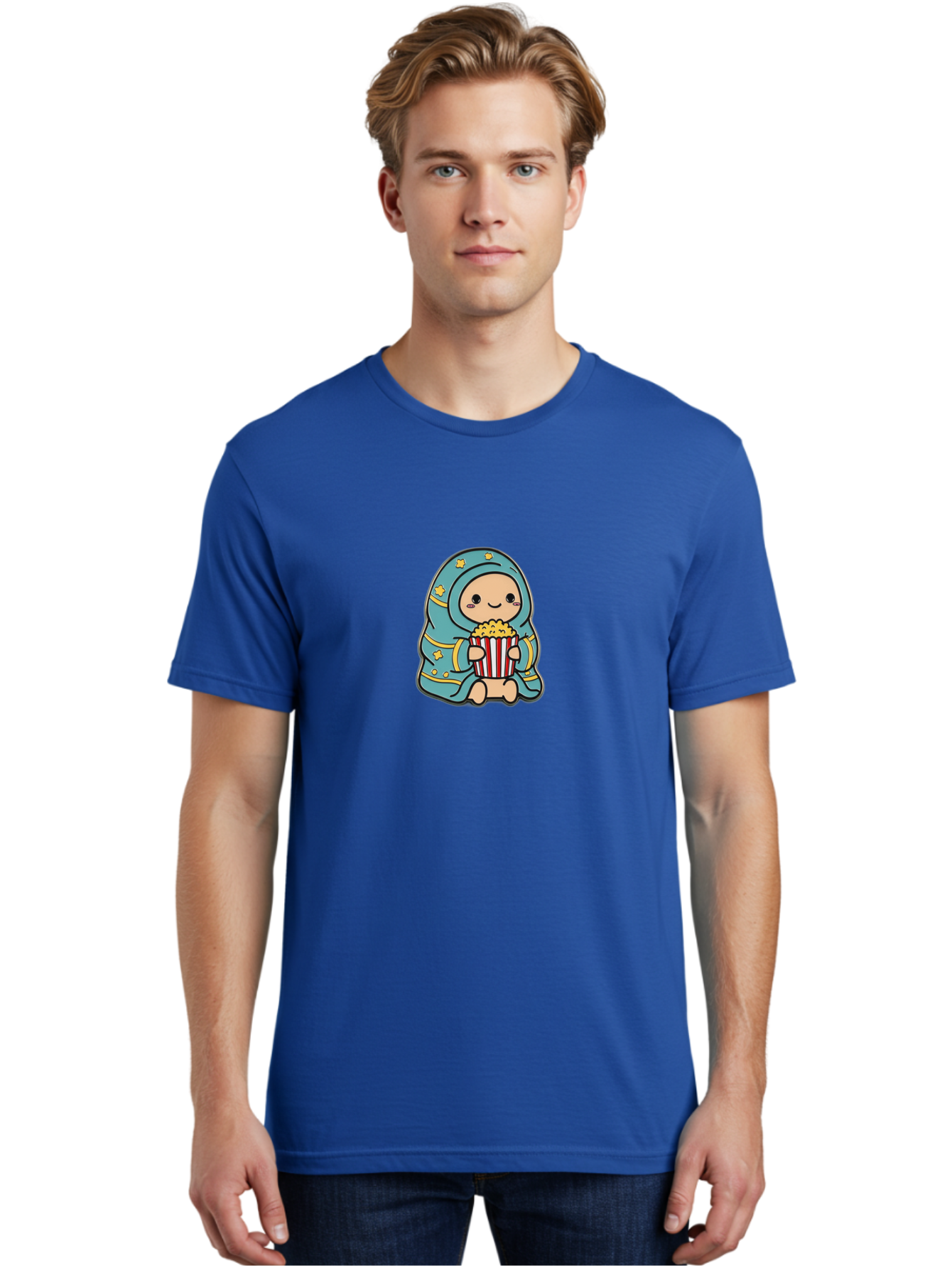 Child-With-Popcorn Men'S Graphic Tee, 100% Cotton, Comfortable Casual Summer Wear, Machine Washable, Cartoon Character, Blue Hijab, Yellow Stars, Smiling Face, Red And White Popcorn Bucket, Yellow Popcorn, Cinematic Experience, Bab735