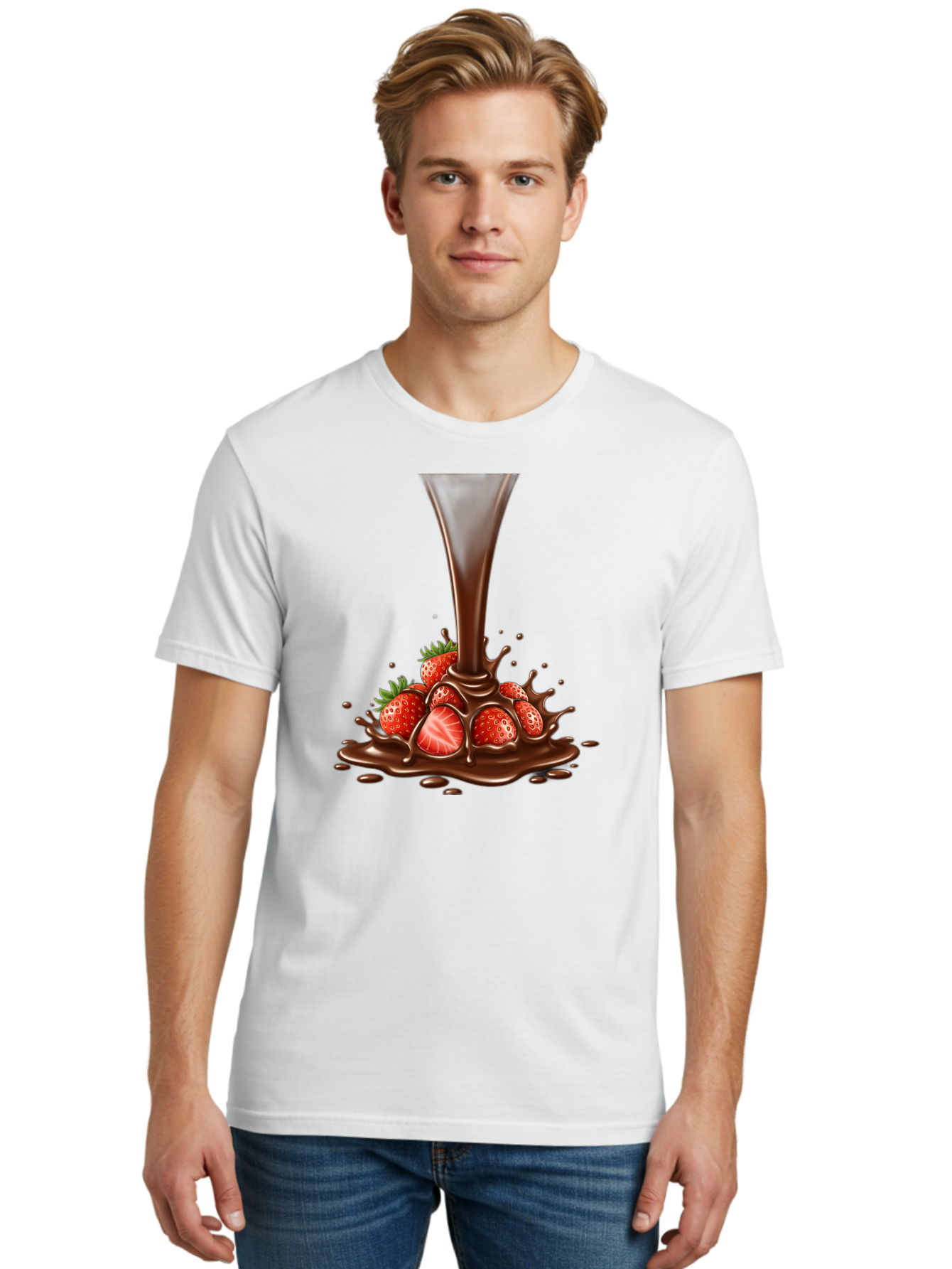 Chocolate-And-Strawberries Men'S Graphic Tee, 100% Cotton, Comfortable Casual Summer Wear, Machine Washable, Chocolate Sauce Pouring, Strawberries, Sweet Treat, Dessert, Indulgent, Chocolate Fondue, Strawberries And Chocolate, Dessert Lover, Bab737