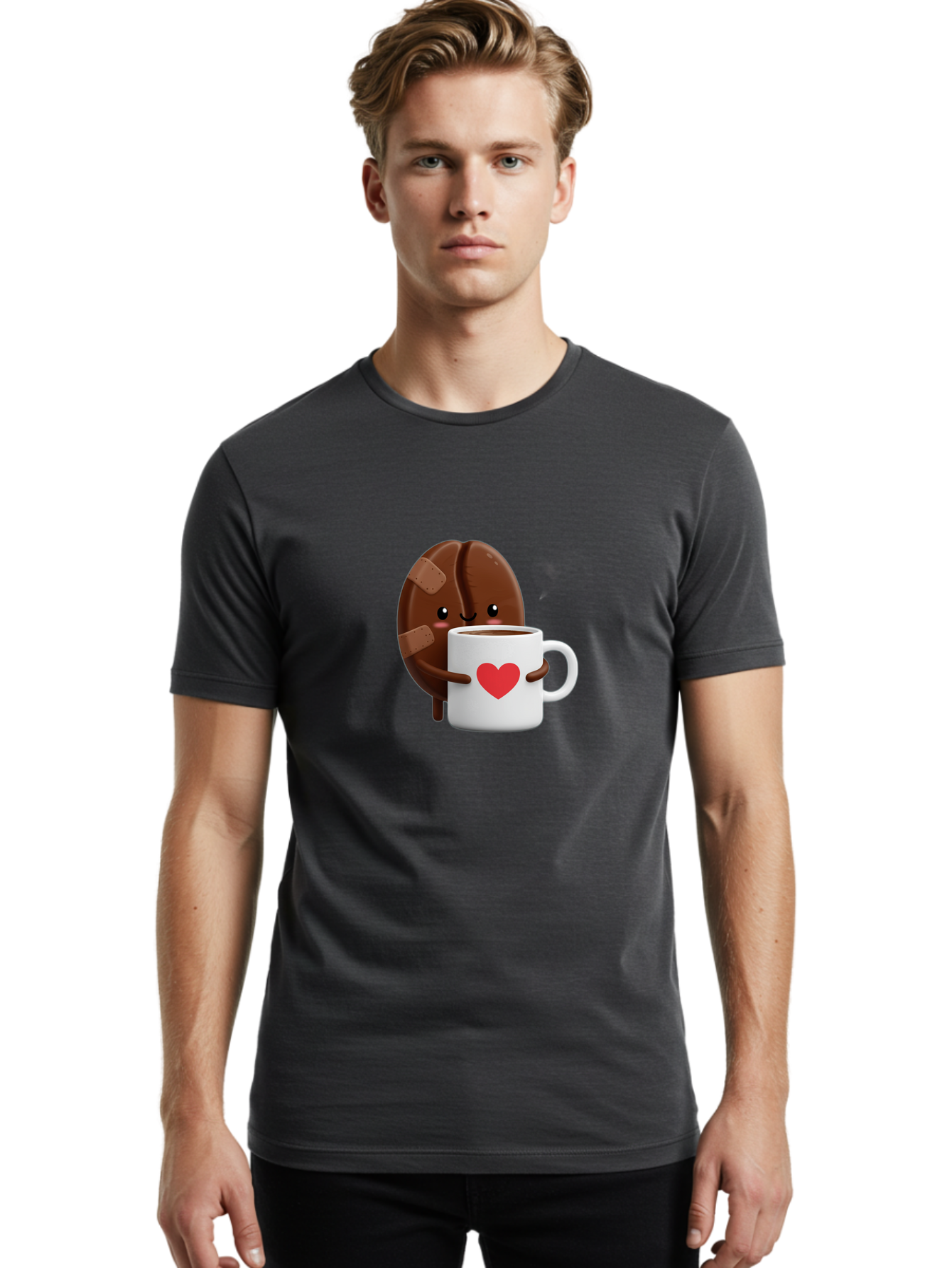 Chocolate-Cookie-Hugging-Coffee-Mug-1 Men'S Graphic Tee, 100% Cotton, Comfortable Casual Summer Wear, Machine Washable, Chocolate Cookie, Cartoon Cookie, Coffee Mug, Heart Design, Cute Illustration, Coffee Break, Bandaged Cookie, Happy Face, Bab738