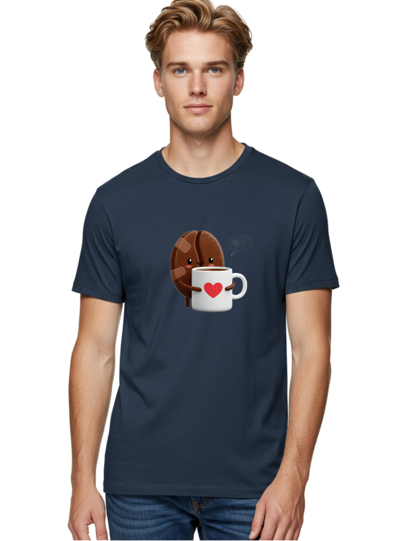 Chocolate-Cookie-Hugging-Coffee-Mug-1 Men'S Graphic Tee, 100% Cotton, Comfortable Casual Summer Wear, Machine Washable, Chocolate Cookie, Cartoon Cookie, Coffee Mug, Heart Design, Cute Illustration, Coffee Break, Bandaged Cookie, Happy Face, Bab738