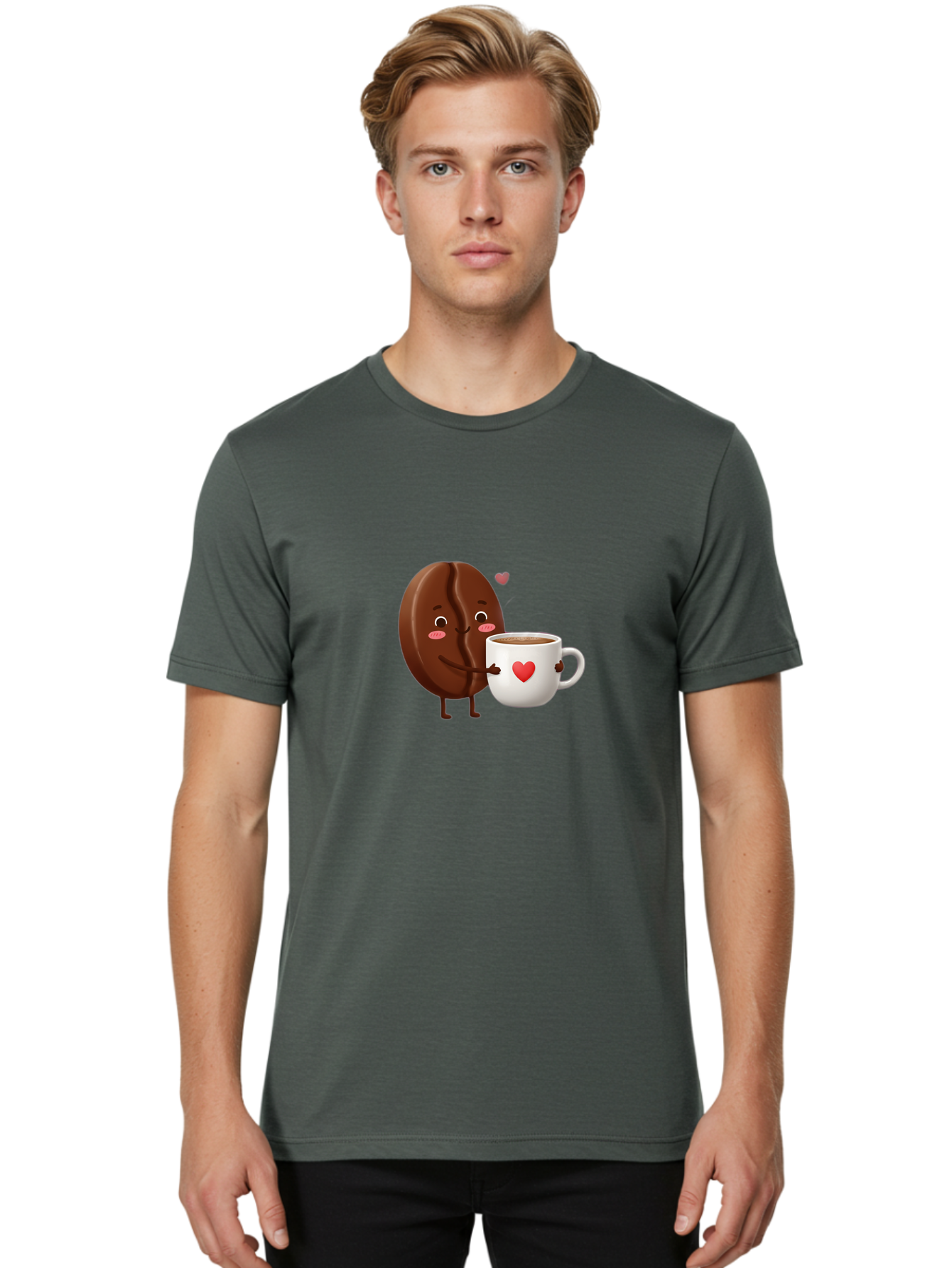 Chocolate-Cookie-Hugging-Coffee-Mug Men'S Graphic Tee, 100% Cotton, Comfortable Casual Summer Wear, Machine Washable, Chocolate Cookie, Cute Character, Coffee Mug, Heart Design, Adorable Scene, Sweet Treats, Cartoon Characters, Bab739