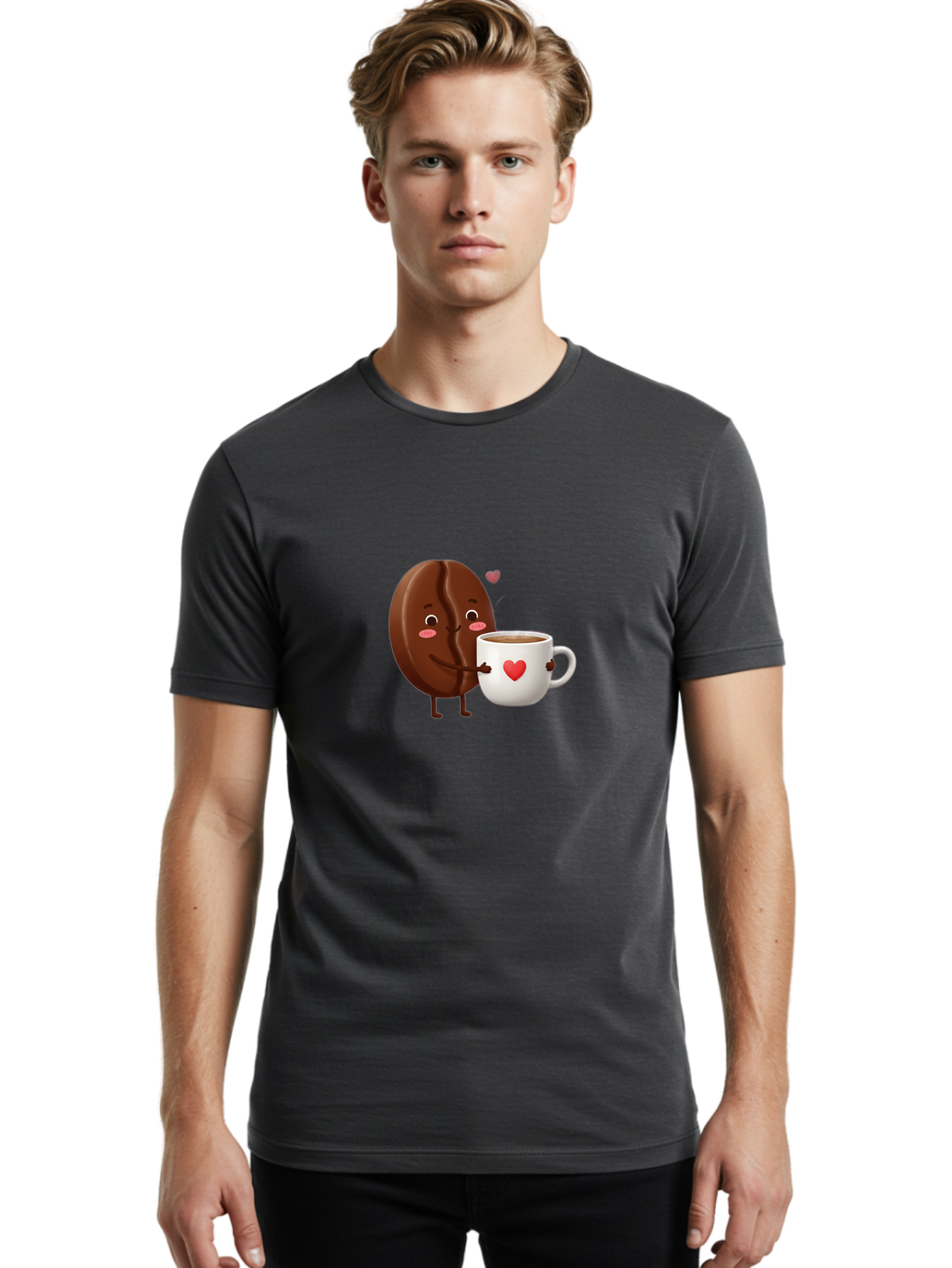 Chocolate-Cookie-Hugging-Coffee-Mug Men'S Graphic Tee, 100% Cotton, Comfortable Casual Summer Wear, Machine Washable, Chocolate Cookie, Cute Character, Coffee Mug, Heart Design, Adorable Scene, Sweet Treats, Cartoon Characters, Bab739