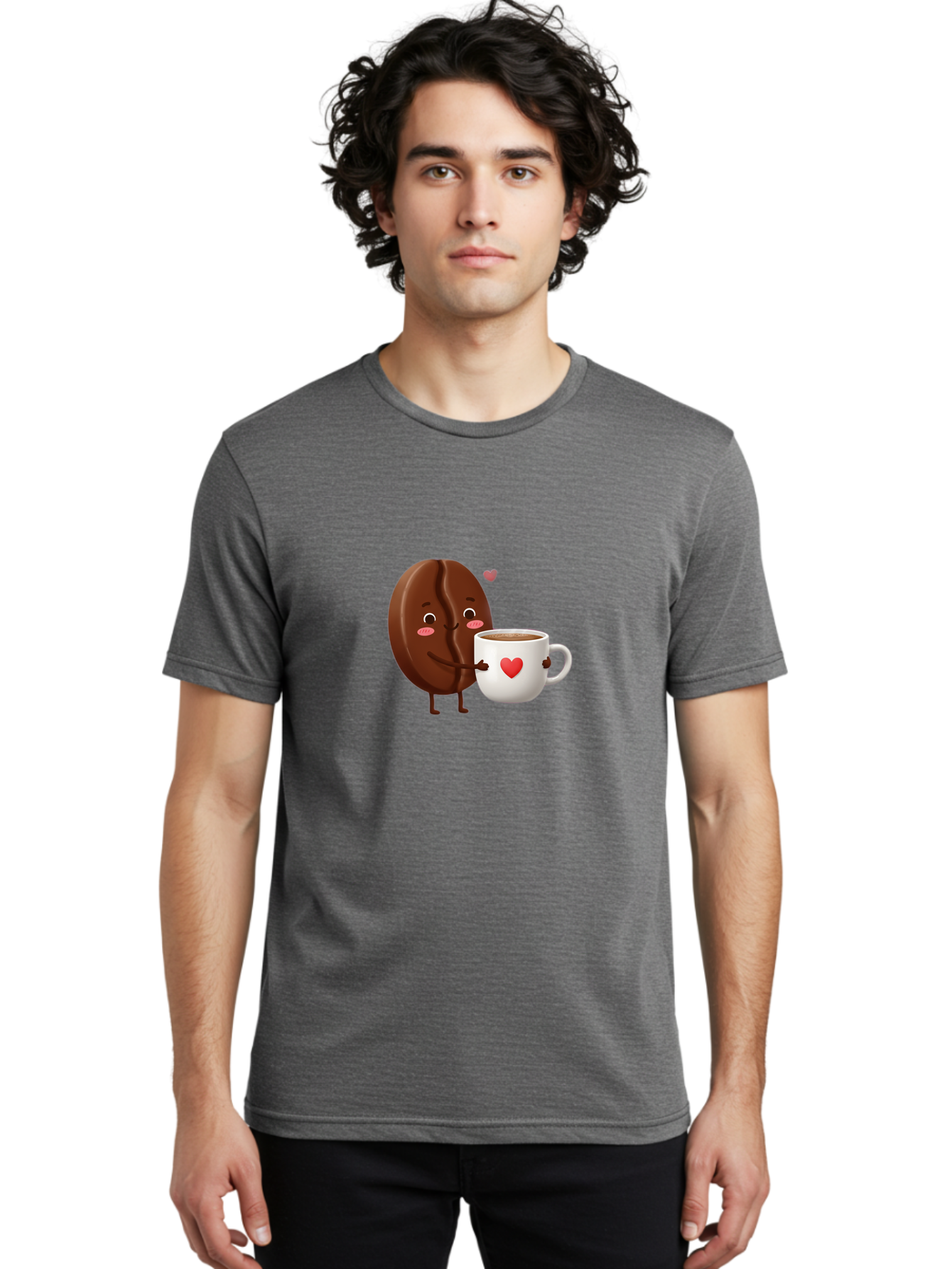 Chocolate-Cookie-Hugging-Coffee-Mug Men'S Graphic Tee, 100% Cotton, Comfortable Casual Summer Wear, Machine Washable, Chocolate Cookie, Cute Character, Coffee Mug, Heart Design, Adorable Scene, Sweet Treats, Cartoon Characters, Bab739