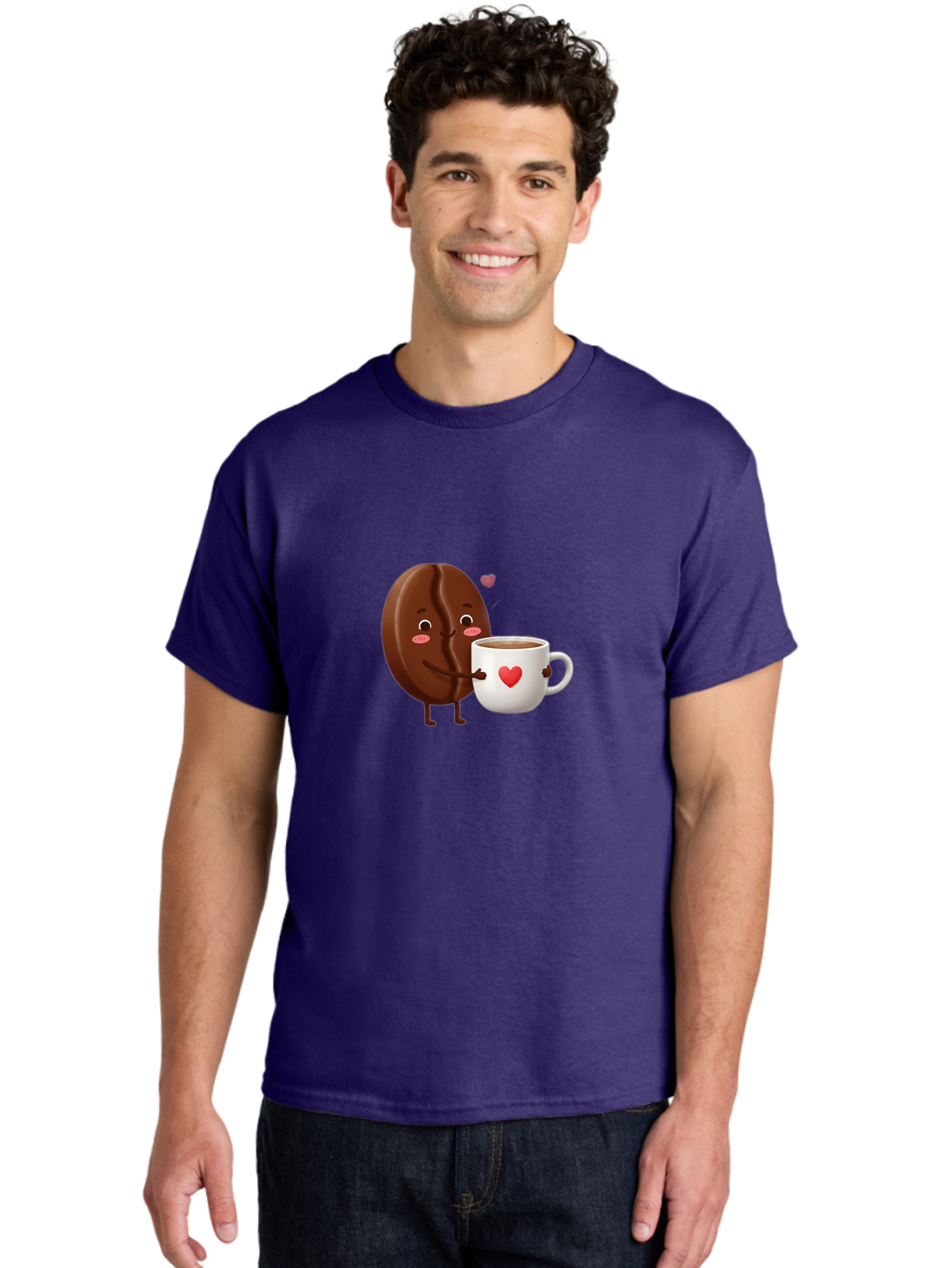 Chocolate-Cookie-Hugging-Coffee-Mug Men'S Graphic Tee, 100% Cotton, Comfortable Casual Summer Wear, Machine Washable, Chocolate Cookie, Cute Character, Coffee Mug, Heart Design, Adorable Scene, Sweet Treats, Cartoon Characters, Bab739