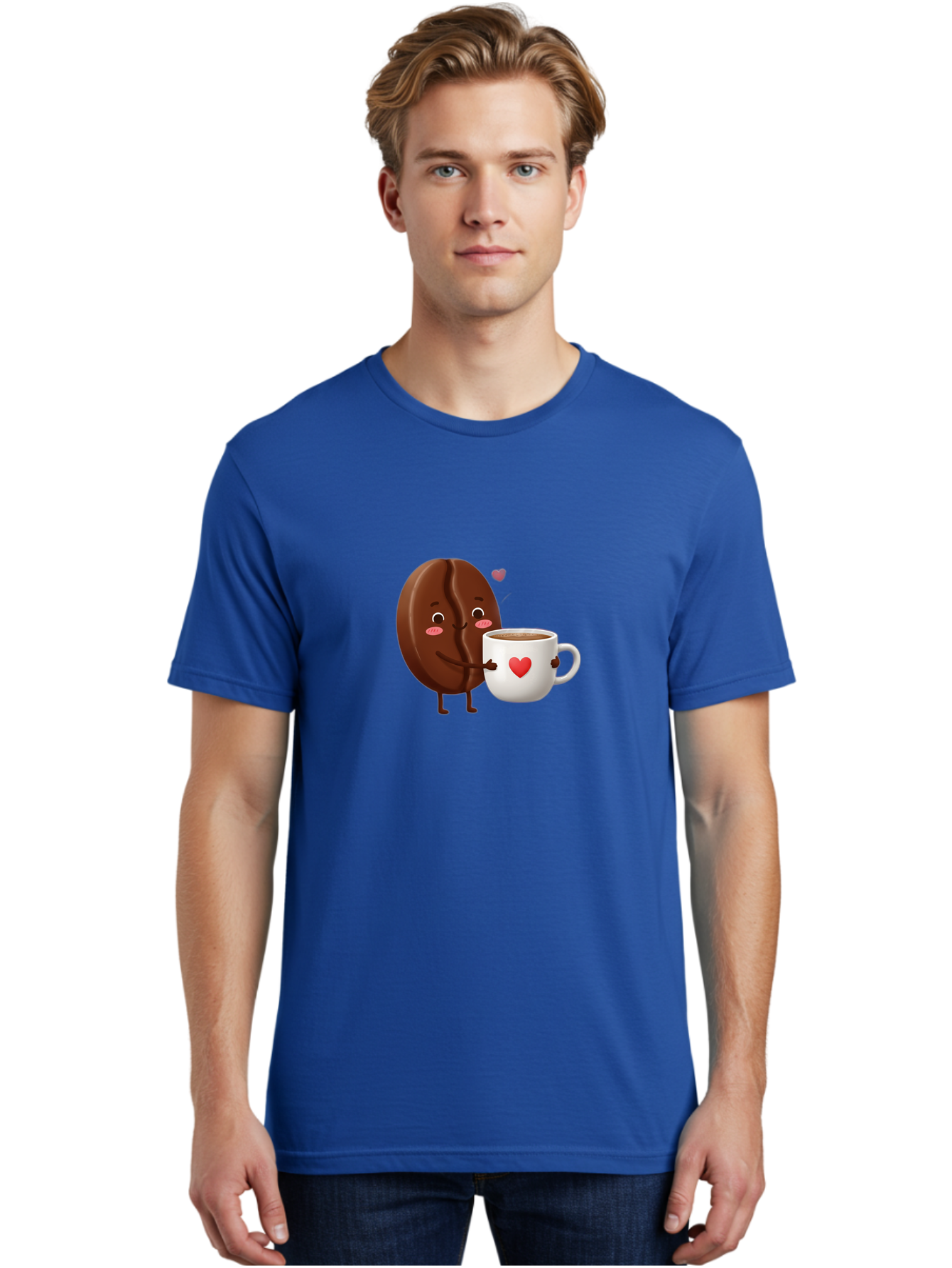 Chocolate-Cookie-Hugging-Coffee-Mug Men'S Graphic Tee, 100% Cotton, Comfortable Casual Summer Wear, Machine Washable, Chocolate Cookie, Cute Character, Coffee Mug, Heart Design, Adorable Scene, Sweet Treats, Cartoon Characters, Bab739
