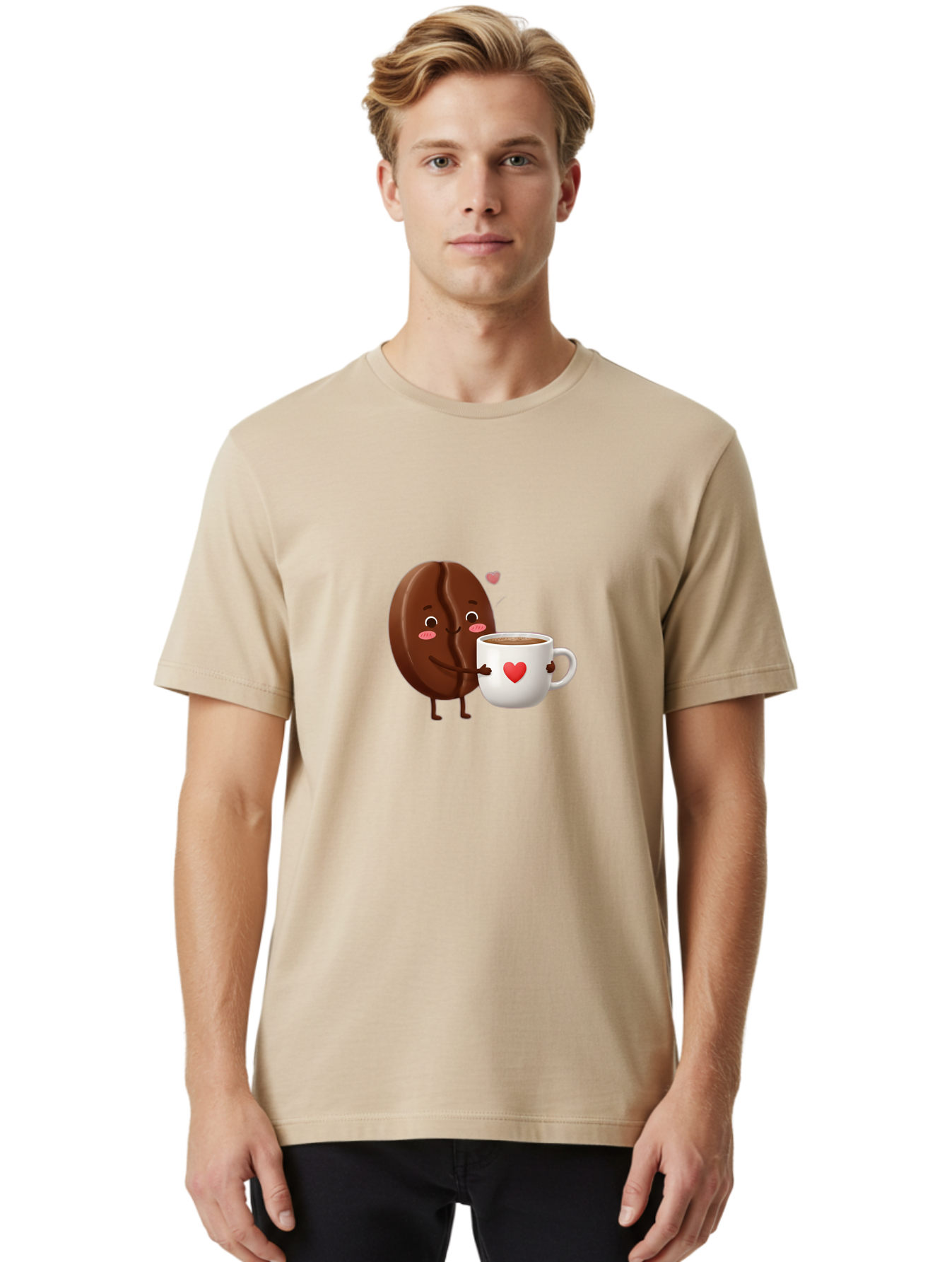 Chocolate-Cookie-Hugging-Coffee-Mug Men'S Graphic Tee, 100% Cotton, Comfortable Casual Summer Wear, Machine Washable, Chocolate Cookie, Cute Character, Coffee Mug, Heart Design, Adorable Scene, Sweet Treats, Cartoon Characters, Bab739