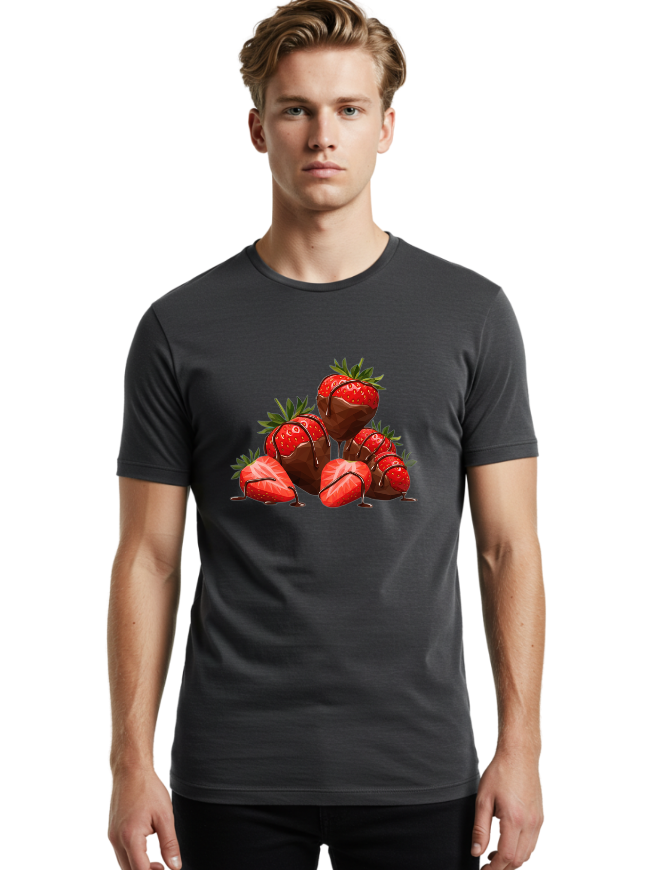 Chocolate-Covered-Strawberries-1 Men'S Graphic Tee, 100% Cotton, Comfortable Casual Summer Wear, Machine Washable, Chocolate Covered Strawberries, Sweet Treats, Indulgent Dessert, Ripe Strawberries, Chocolate Drizzle, Decadent, Luxurious, Bab740