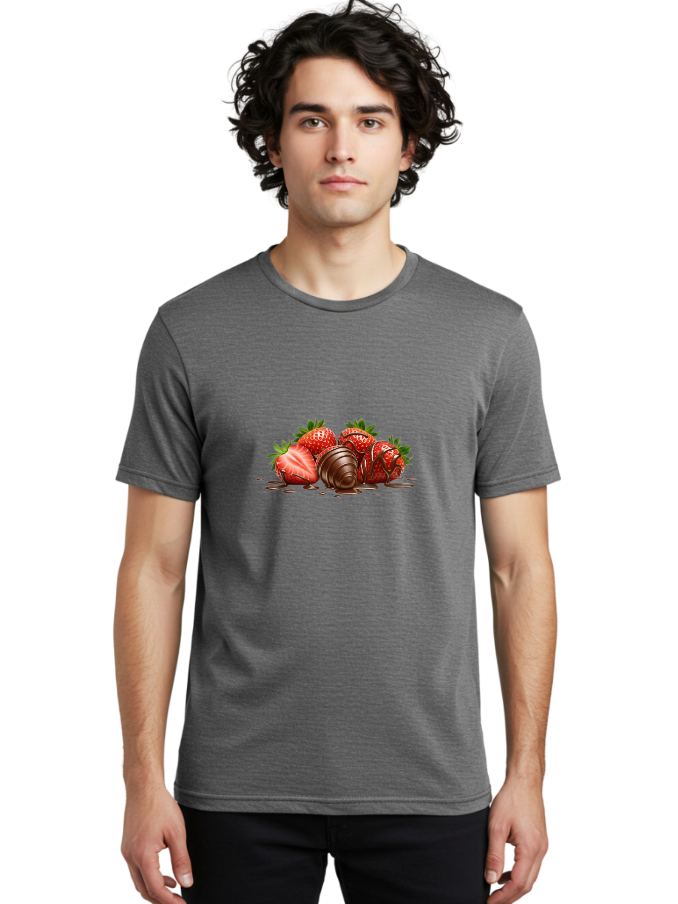 Chocolate-Covered-Strawberries-4 Men'S Graphic Tee, 100% Cotton, Comfortable Casual Summer Wear, Machine Washable, Chocolate Covered Strawberries, Sweet Treats, Indulgent Delights, Fresh Strawberries, Chocolate Sauce, Dessert Inspiration, Bab743