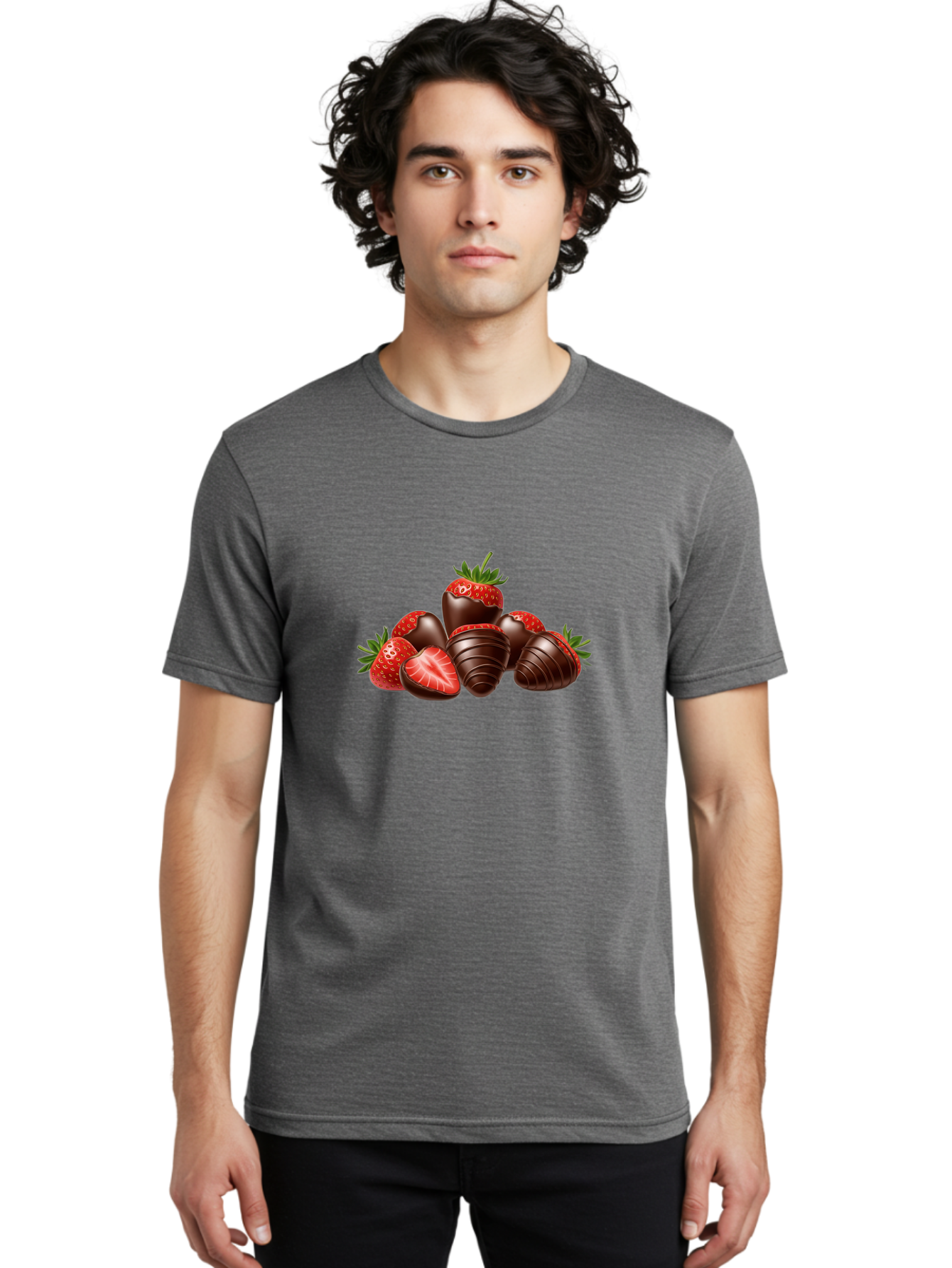 Chocolate-Covered-Strawberries Men'S Graphic Tee, 100% Cotton, Comfortable Casual Summer Wear, Machine Washable, Chocolate Covered Strawberries, Sweet Treats, Indulgent Dessert, Ripe Strawberries, Chocolate Indulgence, Rich And Decadent, Bab744
