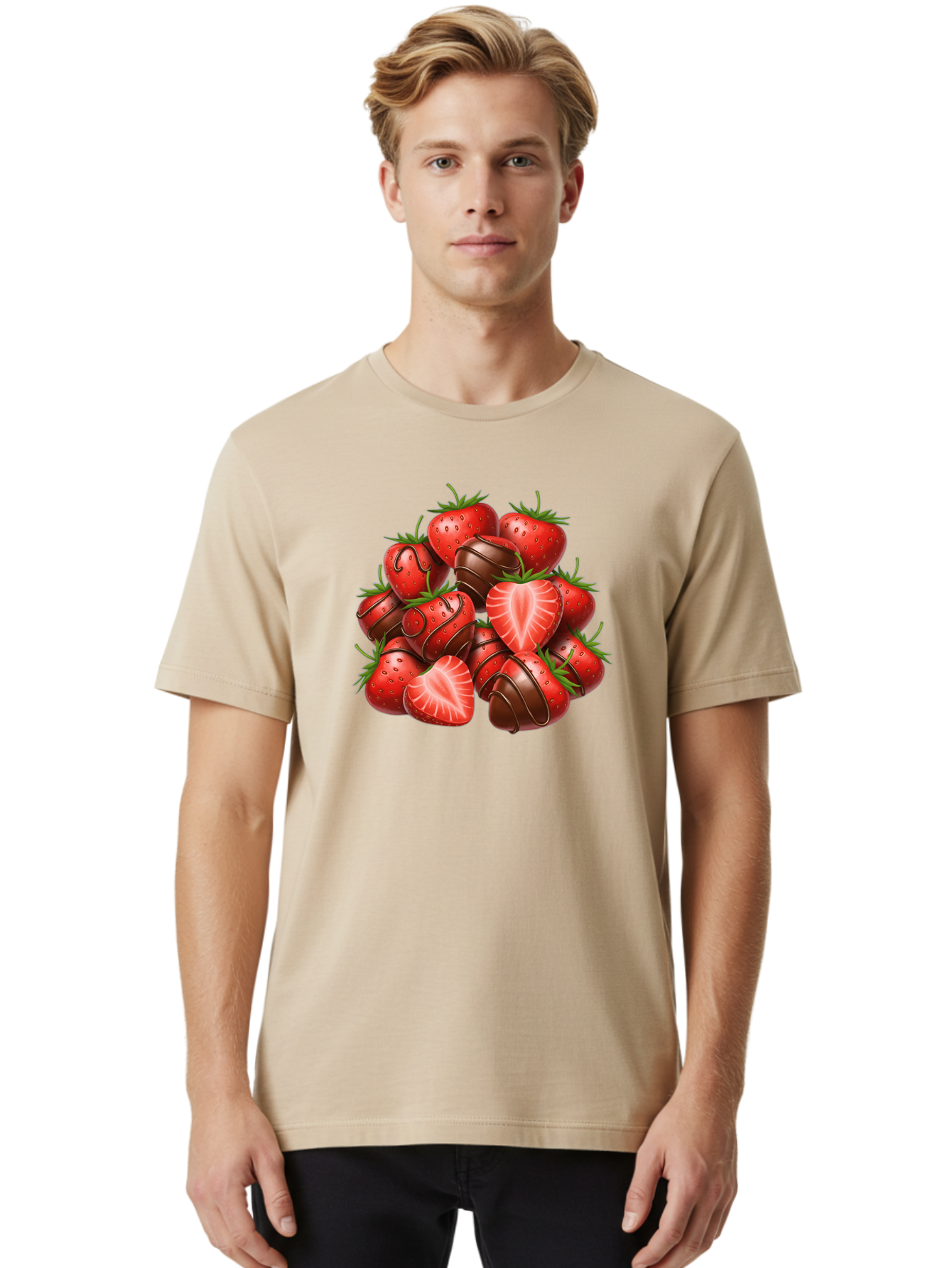 Chocolate-Dipped-Strawberries Men'S Graphic Tee, 100% Cotton, Comfortable Casual Summer Wear, Machine Washable, Chocolate Covered Strawberries, Sweet Treats, Delicious Desserts, Strawberry Lovers, Chocolate Indulgence, Tasty Fruit, Bab746