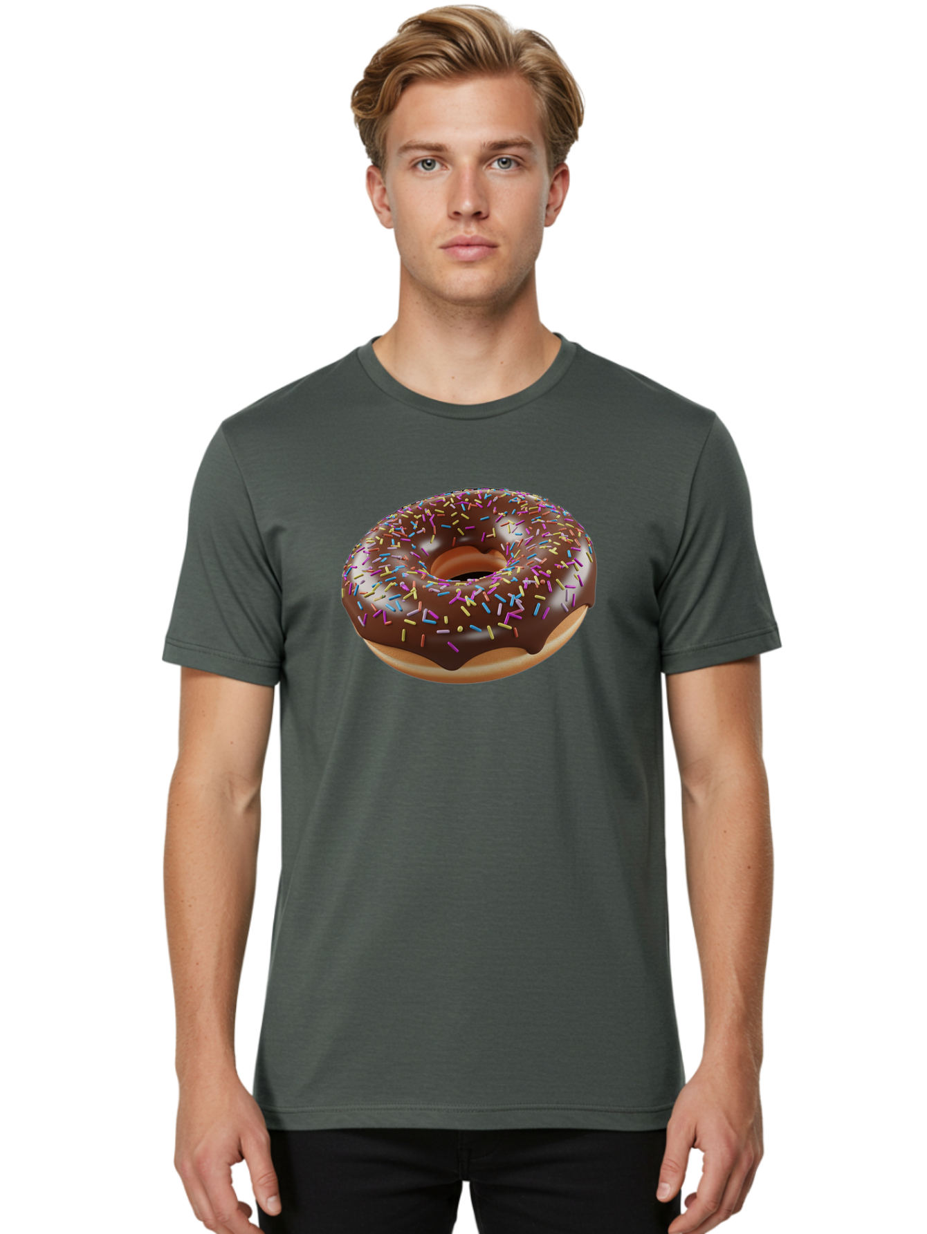 Chocolate-Donut-With-Sprinkles Men'S Graphic Tee, 100% Cotton, Comfortable Casual Summer Wear, Machine Washable, Chocolate Donut, Donut With Sprinkles, Sweet Treat, Baked Goods, Colorful Dessert, Tasty Pastry, Chocolate Frosting, Sprinkles, Bab747