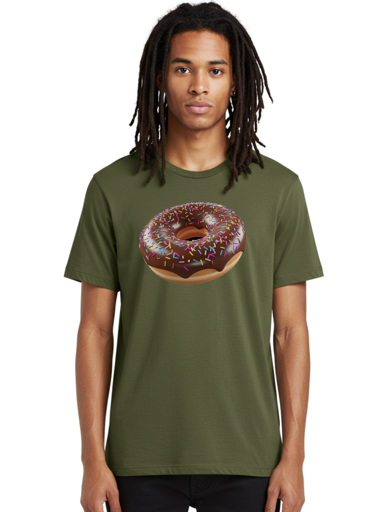 Chocolate-Donut-With-Sprinkles Men'S Graphic Tee, 100% Cotton, Comfortable Casual Summer Wear, Machine Washable, Chocolate Donut, Donut With Sprinkles, Sweet Treat, Baked Goods, Colorful Dessert, Tasty Pastry, Chocolate Frosting, Sprinkles, Bab747