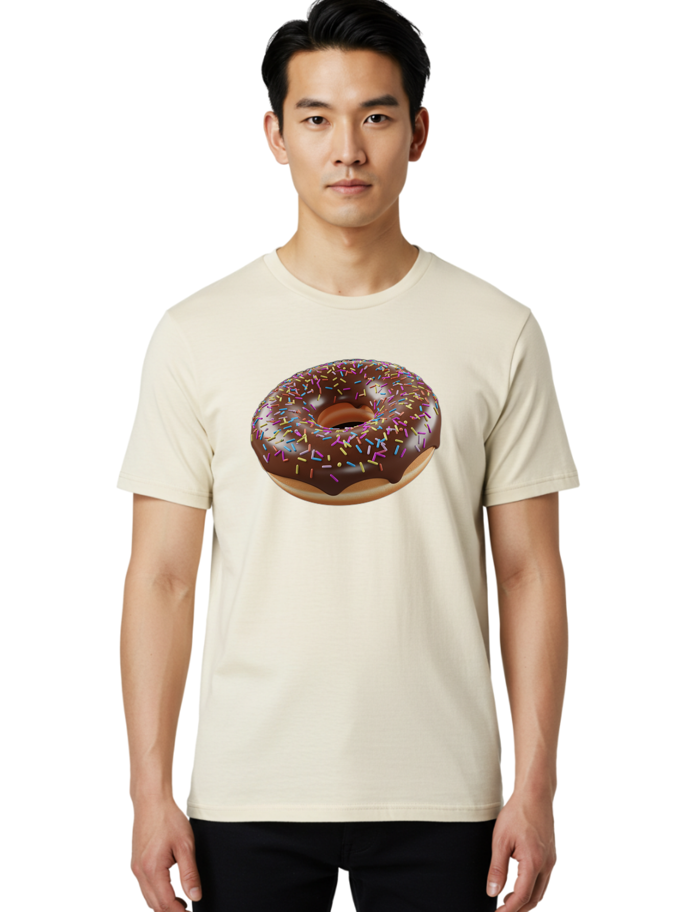 Chocolate-Donut-With-Sprinkles Men'S Graphic Tee, 100% Cotton, Comfortable Casual Summer Wear, Machine Washable, Chocolate Donut, Donut With Sprinkles, Sweet Treat, Baked Goods, Colorful Dessert, Tasty Pastry, Chocolate Frosting, Sprinkles, Bab747