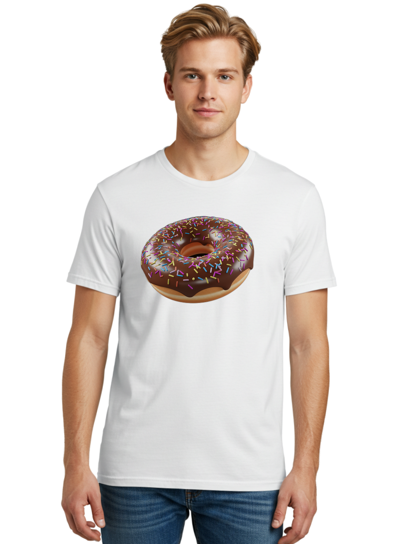 Chocolate-Donut-With-Sprinkles Men'S Graphic Tee, 100% Cotton, Comfortable Casual Summer Wear, Machine Washable, Chocolate Donut, Donut With Sprinkles, Sweet Treat, Baked Goods, Colorful Dessert, Tasty Pastry, Chocolate Frosting, Sprinkles, Bab747