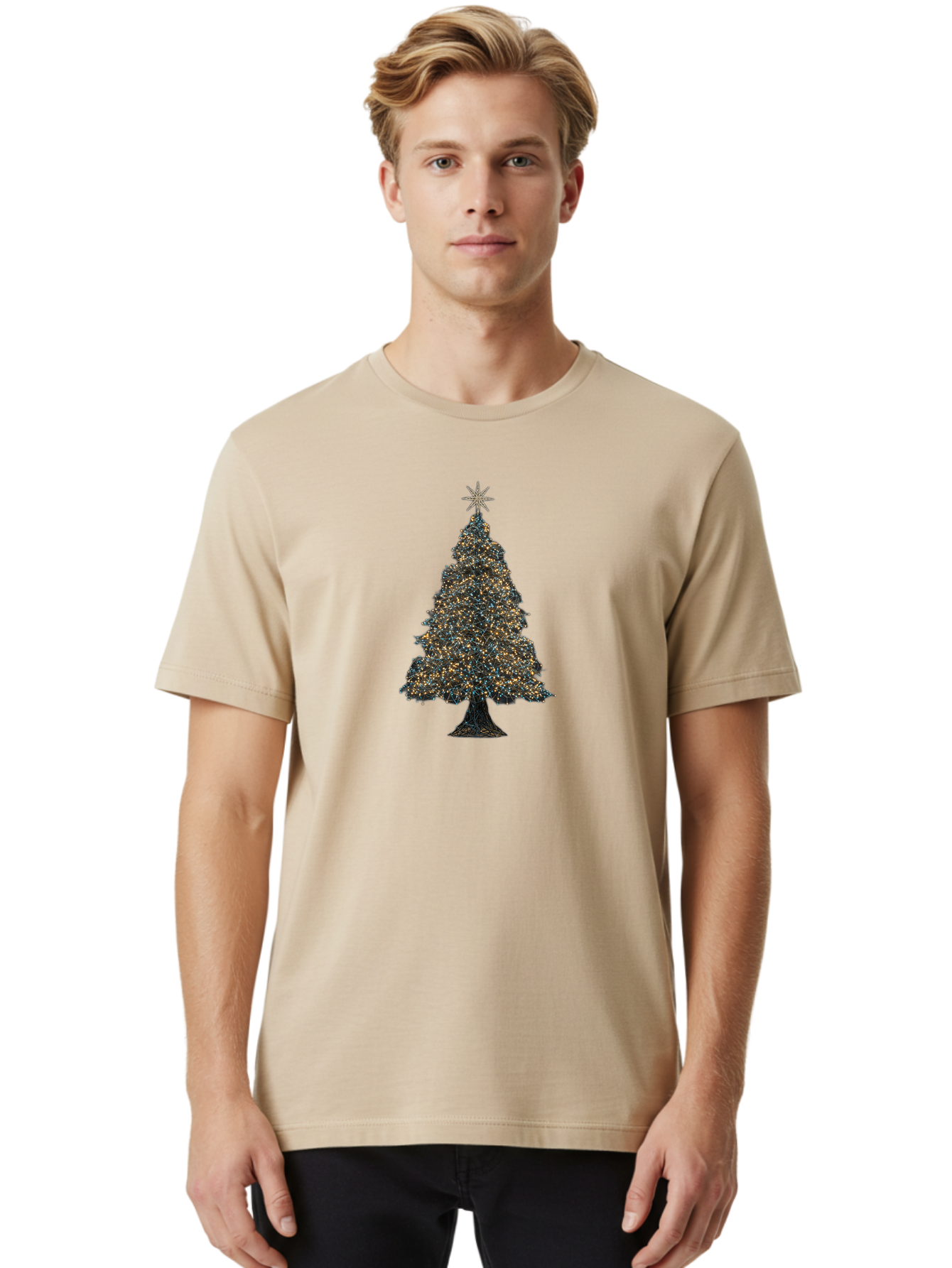 Christmas-Tree-2 Men'S Graphic Tee, 100% Cotton, Comfortable Casual Summer Wear, Machine Washable, Christmas Tree With Lights, Festive Decorations, Holiday Season, Twinkling Lights, Star On Top, Winter Wonderland, Merry Christmas, Bab750
