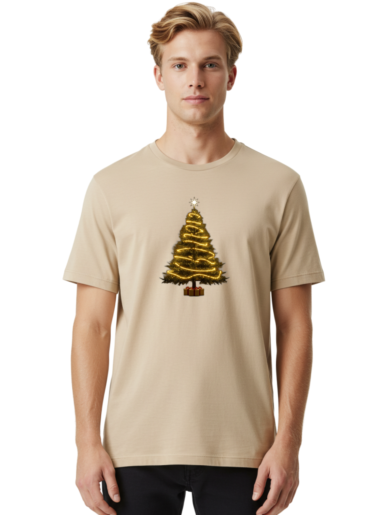 Christmas-Tree-3 Men'S Graphic Tee, 100% Cotton, Comfortable Casual Summer Wear, Machine Washable, Christmas Tree Decoration, Festive Holiday Lights, Glowing String Lights, Star Topper, Winter Season, Holiday Cheer, Christmas Decoration, Bab751