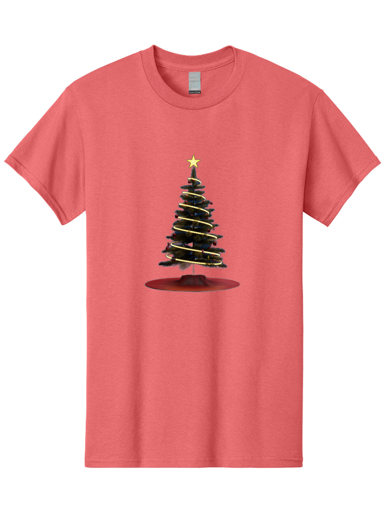 Christmas-Tree Men'S Graphic Tee, 100% Cotton, Comfortable Casual Summer Wear, Machine Washable, Christmas Tree Decoration, Holiday Season, Festive Atmosphere, Spiral Gold Ribbon, Star Topper, Christmas Tree Lights, Winter Wonderland, Bab753
