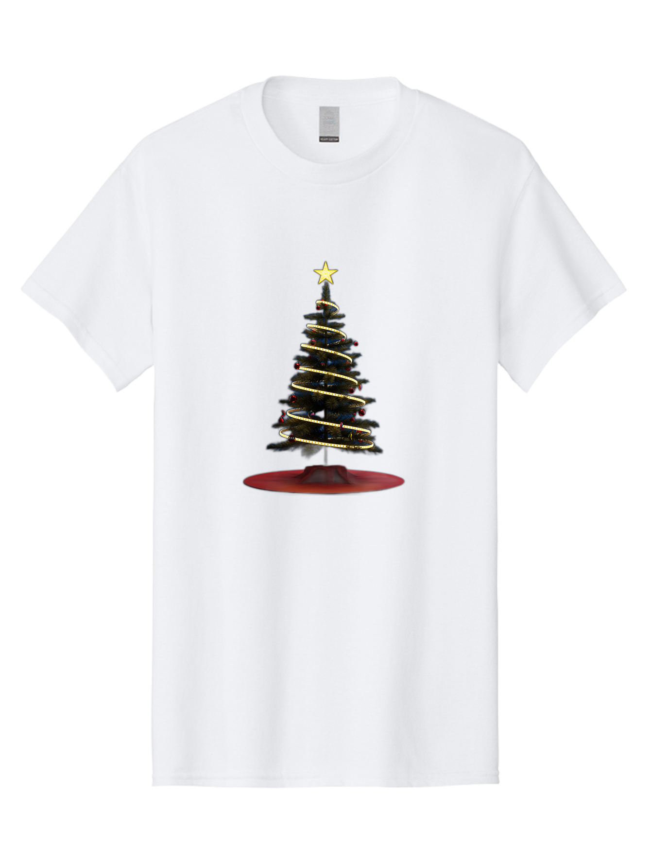 Christmas-Tree Men'S Graphic Tee, 100% Cotton, Comfortable Casual Summer Wear, Machine Washable, Christmas Tree Decoration, Holiday Season, Festive Atmosphere, Spiral Gold Ribbon, Star Topper, Christmas Tree Lights, Winter Wonderland, Bab753