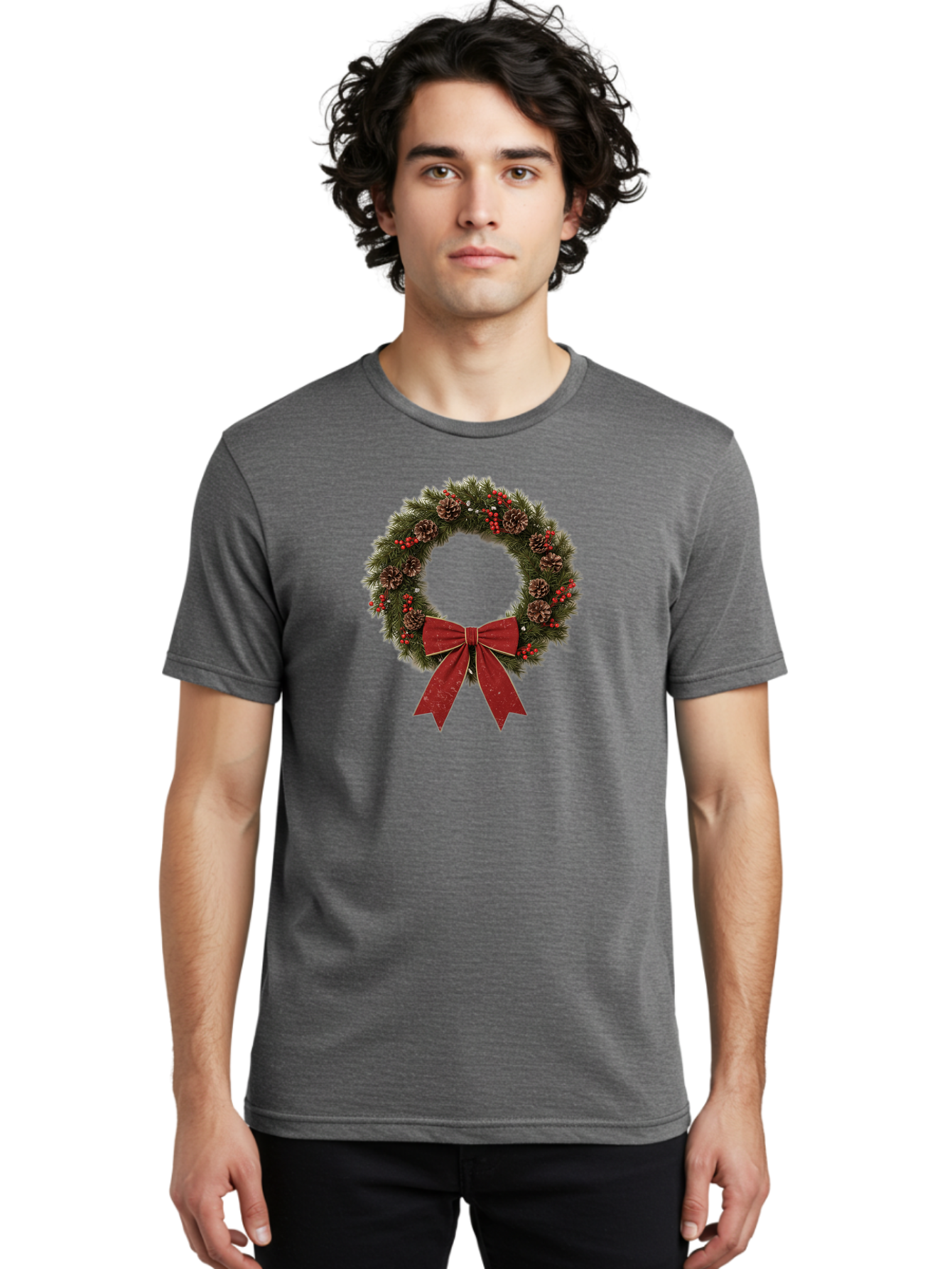 Christmas-Wreath-1 Men'S Graphic Tee, 100% Cotton, Comfortable Casual Summer Wear, Machine Washable, Christmas Wreath, Festive Decoration, Red Bow, Pinecones, Holly Berries, Evergreen Branches, Holiday Decor, Winter Wonderland, Seasonal Decor Bab754