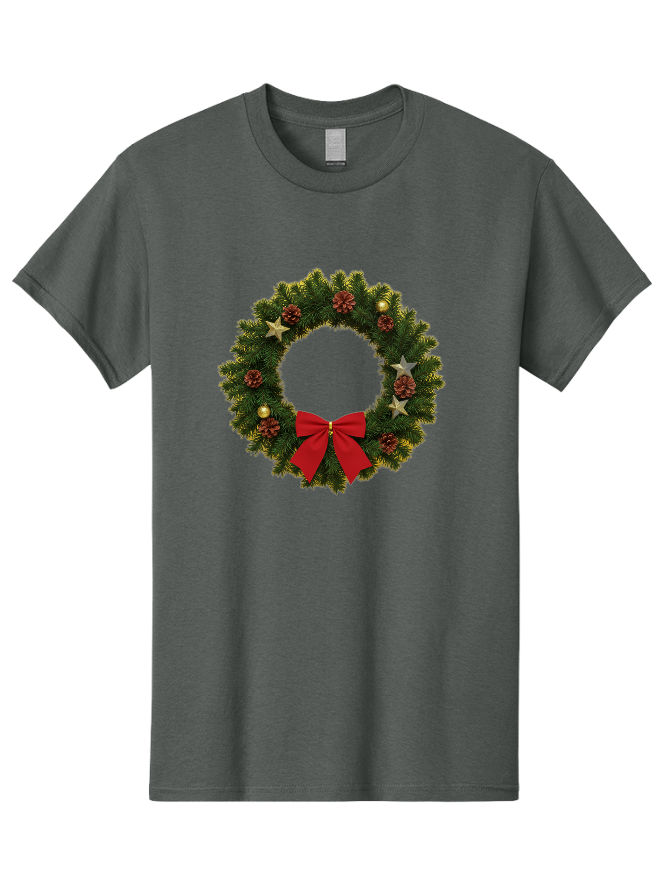 Christmas-Wreath-2 Men'S Graphic Tee, 100% Cotton, Comfortable Casual Summer Wear, Machine Washable, Evergreen Branches, Pinecones, Red Bow, Gold Ornaments, Stars, Festive Decoration, Holiday Decor, Christmas Theme, Seasonal Wreath, Bab755