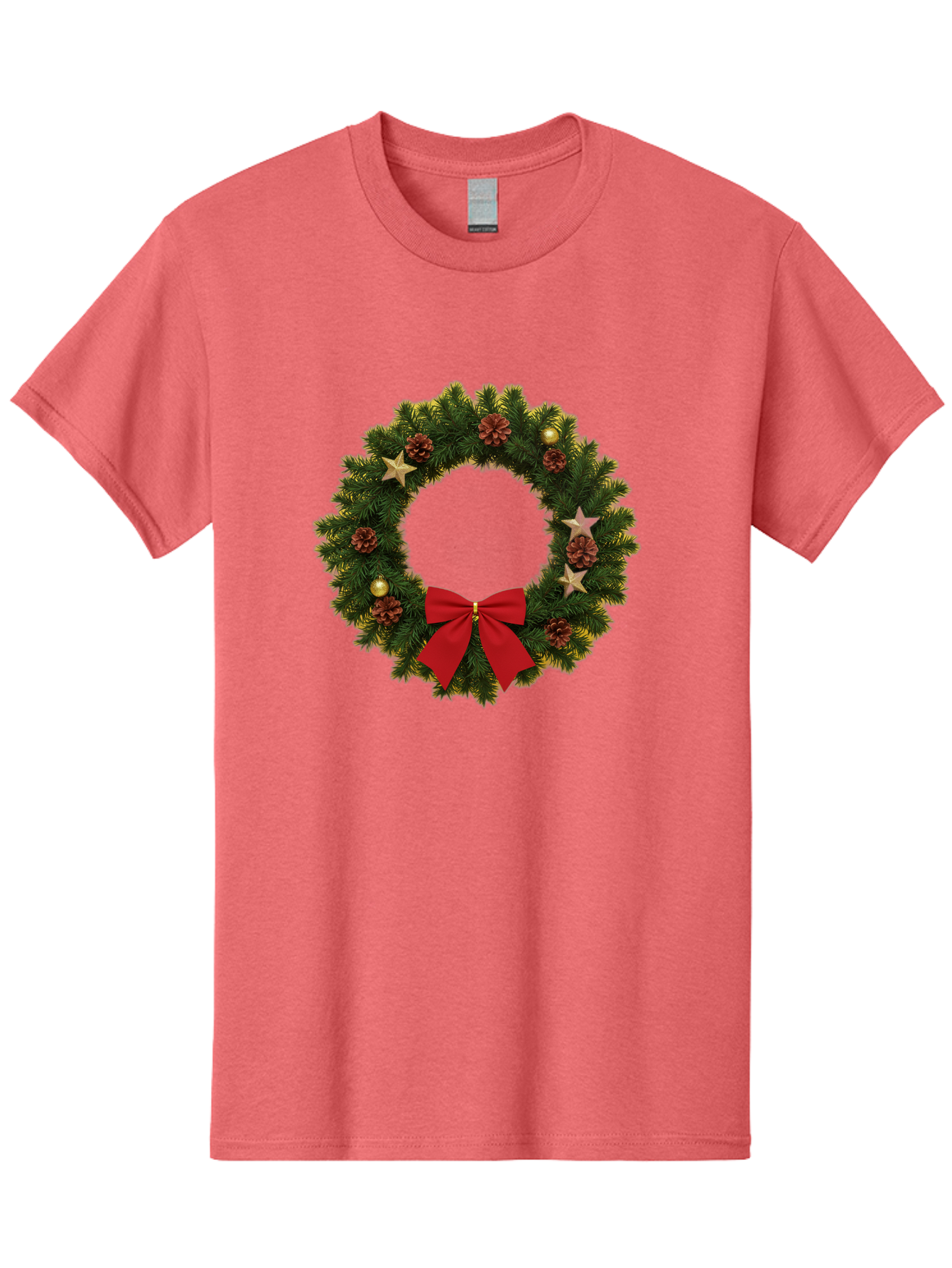 Christmas-Wreath-2 Men'S Graphic Tee, 100% Cotton, Comfortable Casual Summer Wear, Machine Washable, Evergreen Branches, Pinecones, Red Bow, Gold Ornaments, Stars, Festive Decoration, Holiday Decor, Christmas Theme, Seasonal Wreath, Bab755