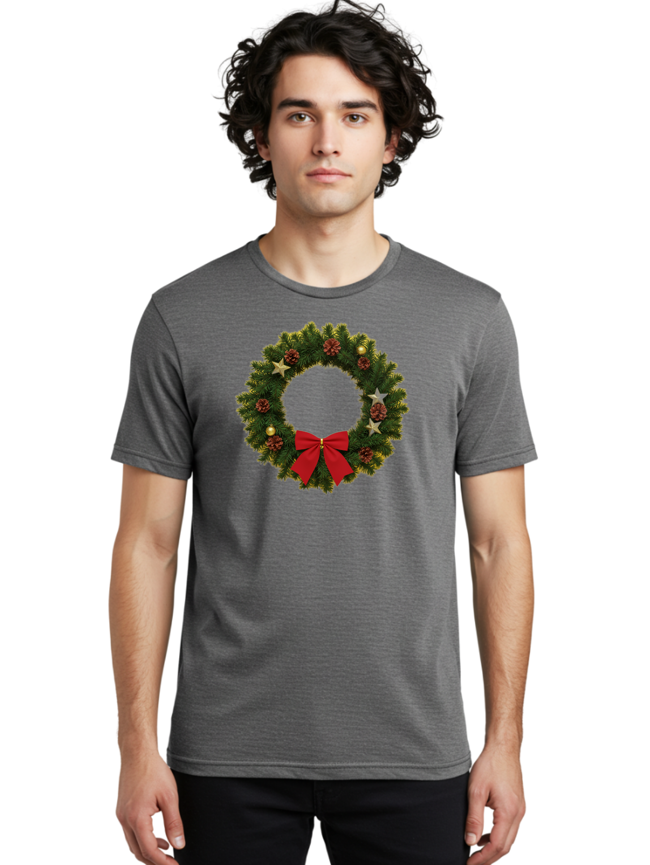Christmas-Wreath-2 Men'S Graphic Tee, 100% Cotton, Comfortable Casual Summer Wear, Machine Washable, Evergreen Branches, Pinecones, Red Bow, Gold Ornaments, Stars, Festive Decoration, Holiday Decor, Christmas Theme, Seasonal Wreath, Bab755
