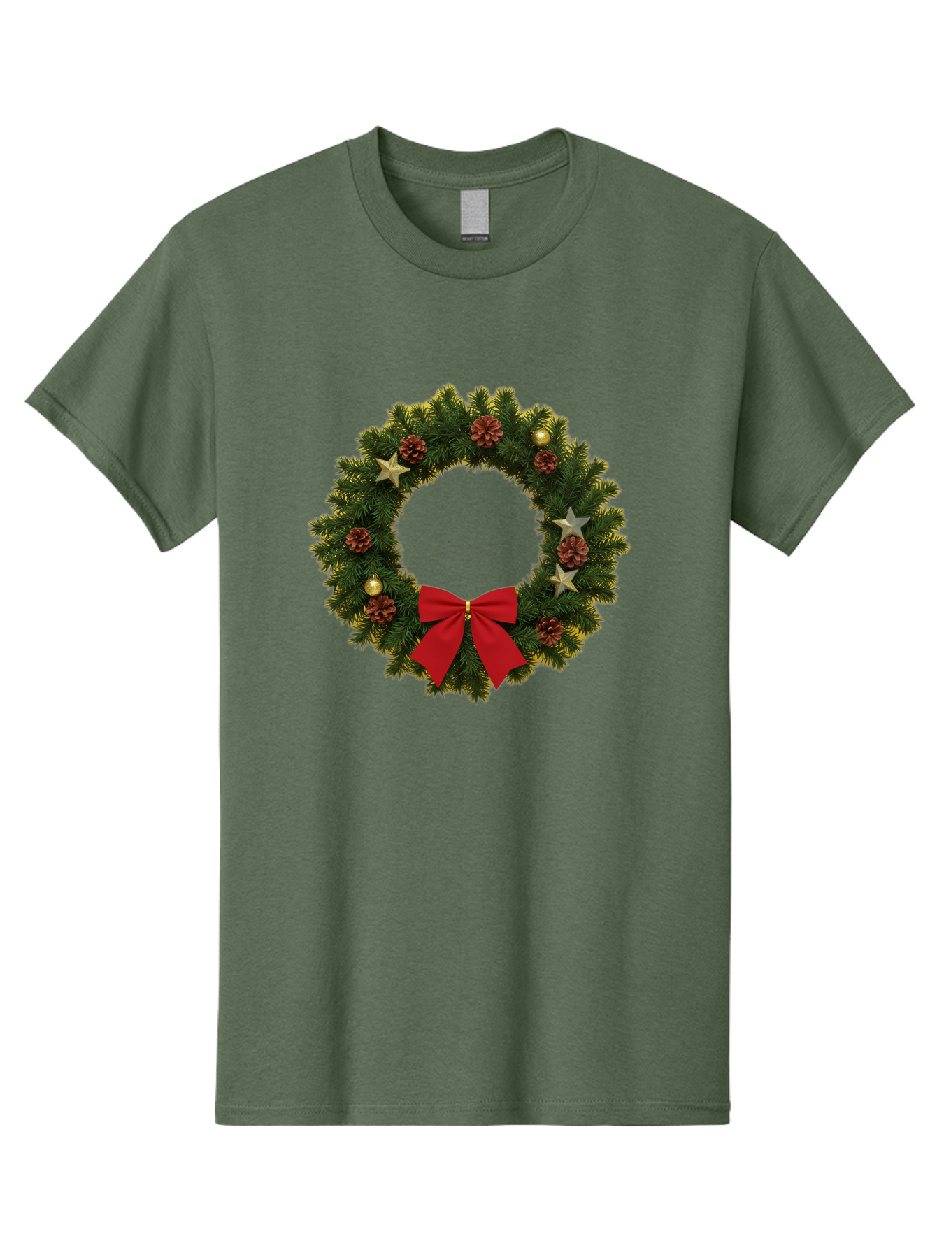Christmas-Wreath-2 Men'S Graphic Tee, 100% Cotton, Comfortable Casual Summer Wear, Machine Washable, Evergreen Branches, Pinecones, Red Bow, Gold Ornaments, Stars, Festive Decoration, Holiday Decor, Christmas Theme, Seasonal Wreath, Bab755