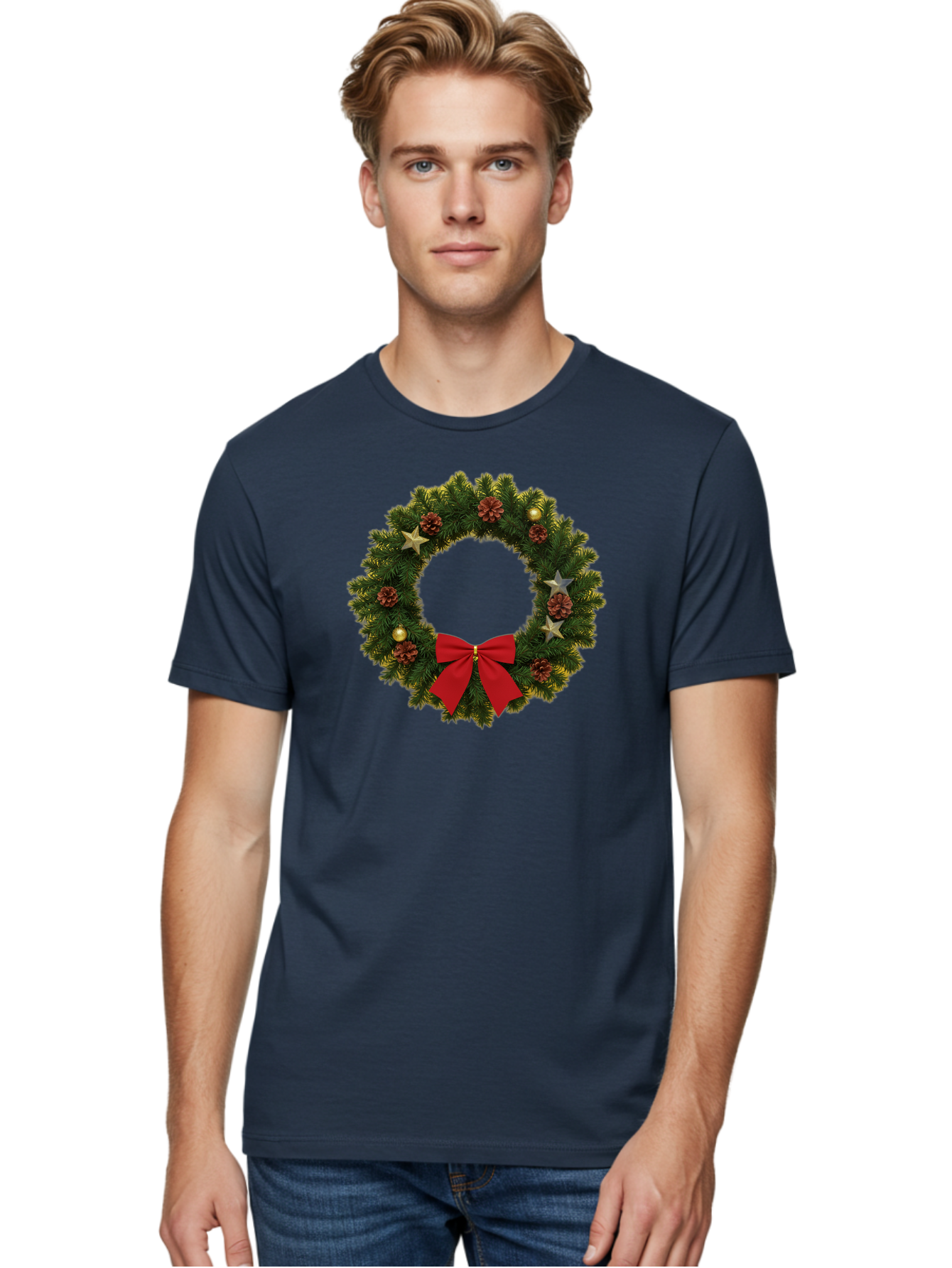 Christmas-Wreath-2 Men'S Graphic Tee, 100% Cotton, Comfortable Casual Summer Wear, Machine Washable, Evergreen Branches, Pinecones, Red Bow, Gold Ornaments, Stars, Festive Decoration, Holiday Decor, Christmas Theme, Seasonal Wreath, Bab755