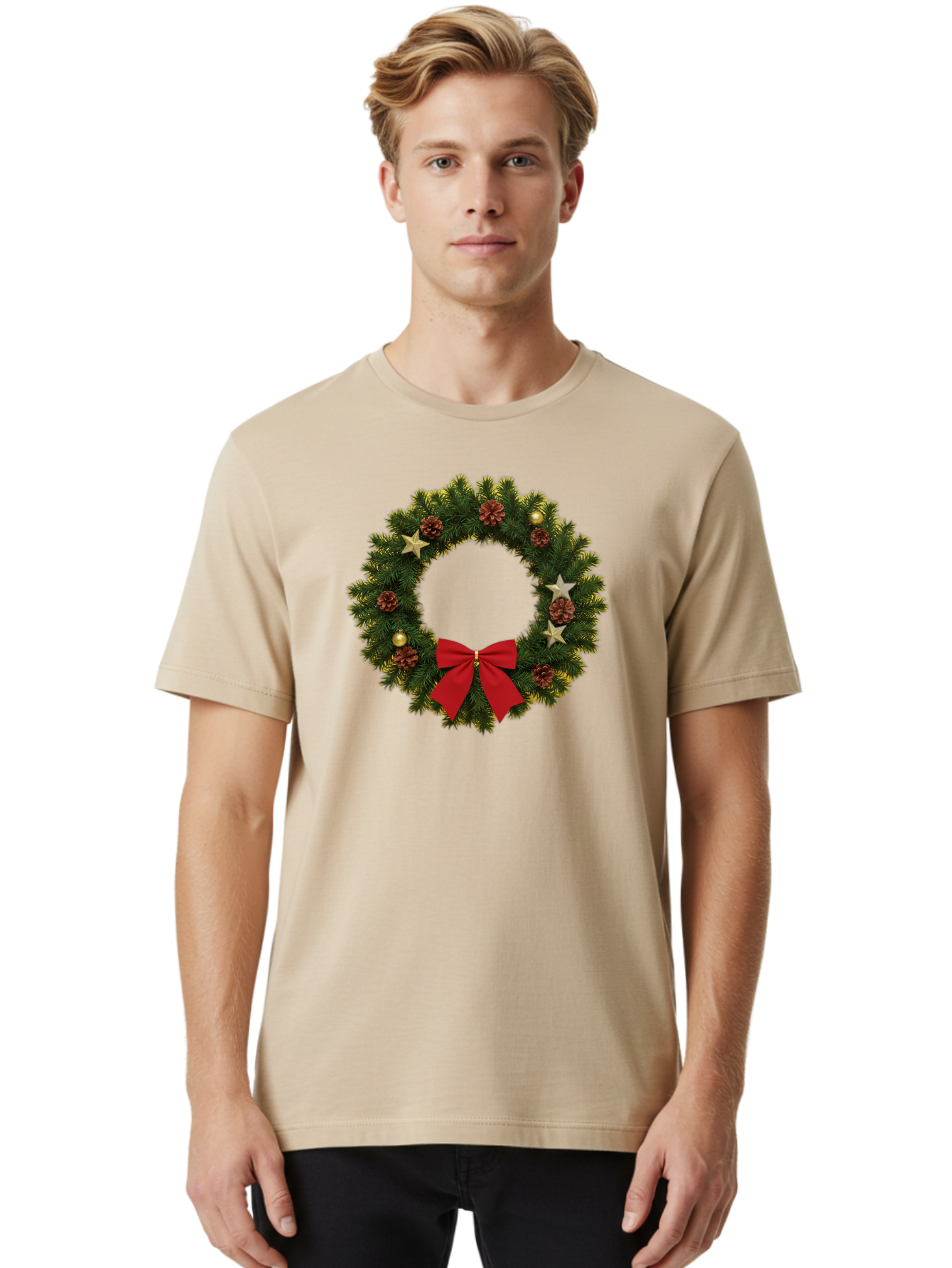 Christmas-Wreath-2 Men'S Graphic Tee, 100% Cotton, Comfortable Casual Summer Wear, Machine Washable, Evergreen Branches, Pinecones, Red Bow, Gold Ornaments, Stars, Festive Decoration, Holiday Decor, Christmas Theme, Seasonal Wreath, Bab755
