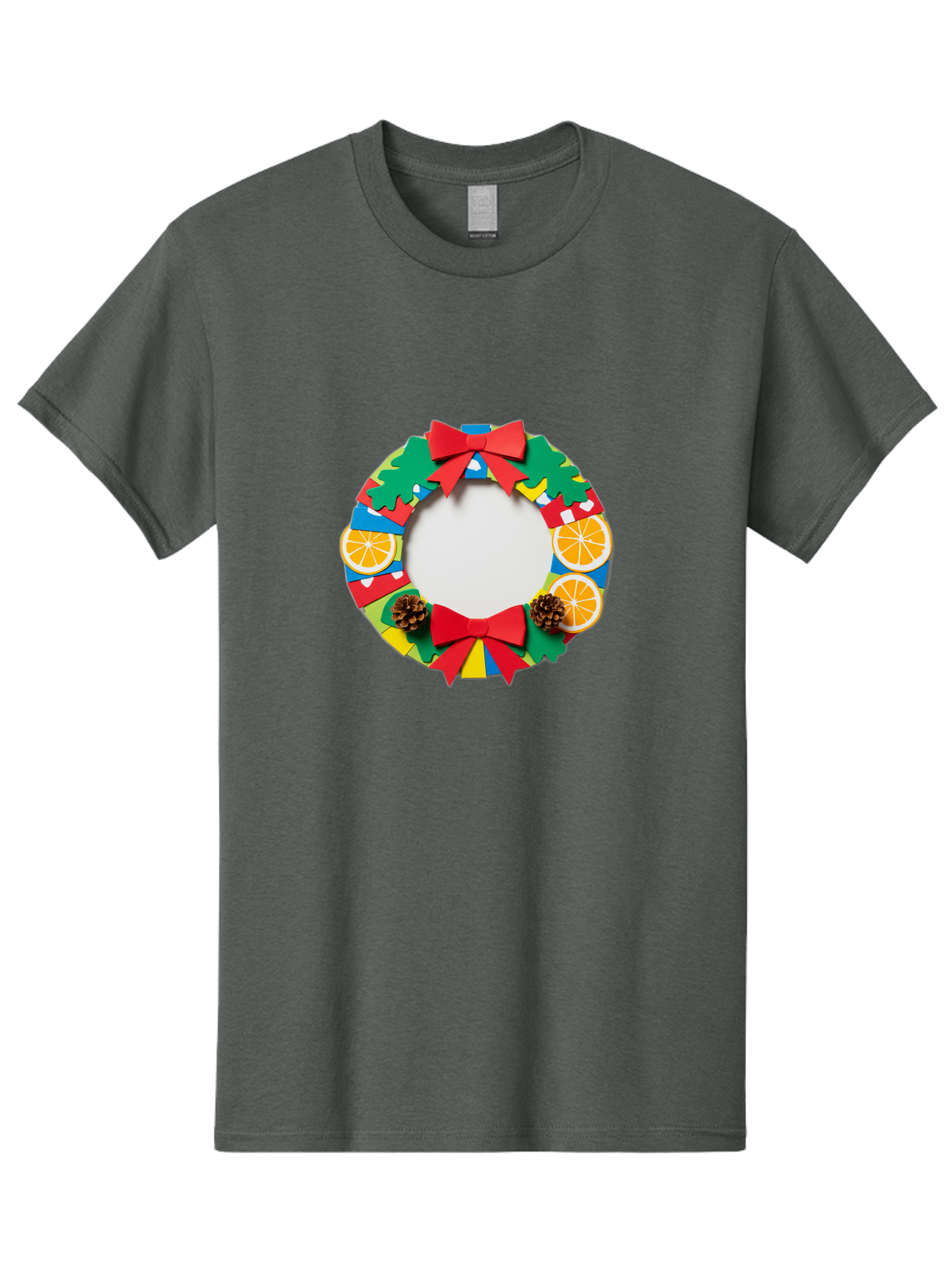 Christmas-Wreath-4 Men'S Graphic Tee, 100% Cotton, Comfortable Casual Summer Wear, Machine Washable, Colorful Christmas Wreath, Festive Decorations, Red Bows, Pine Cones, Orange Slices, Holiday Decor, Seasonal Decor, Christmas Decorations, Bab757
