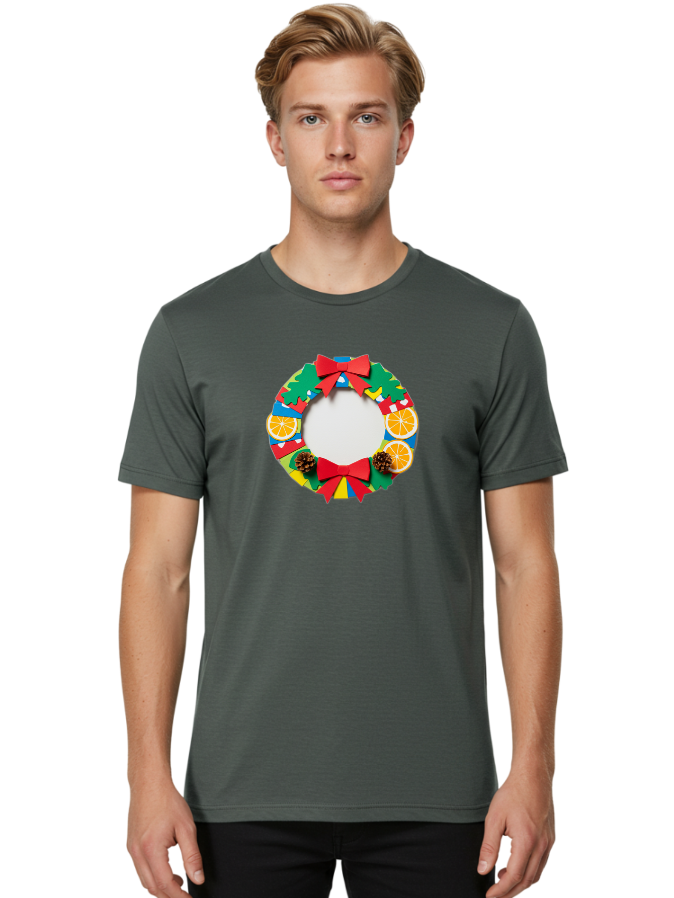 Christmas-Wreath-4 Men'S Graphic Tee, 100% Cotton, Comfortable Casual Summer Wear, Machine Washable, Colorful Christmas Wreath, Festive Decorations, Red Bows, Pine Cones, Orange Slices, Holiday Decor, Seasonal Decor, Christmas Decorations, Bab757