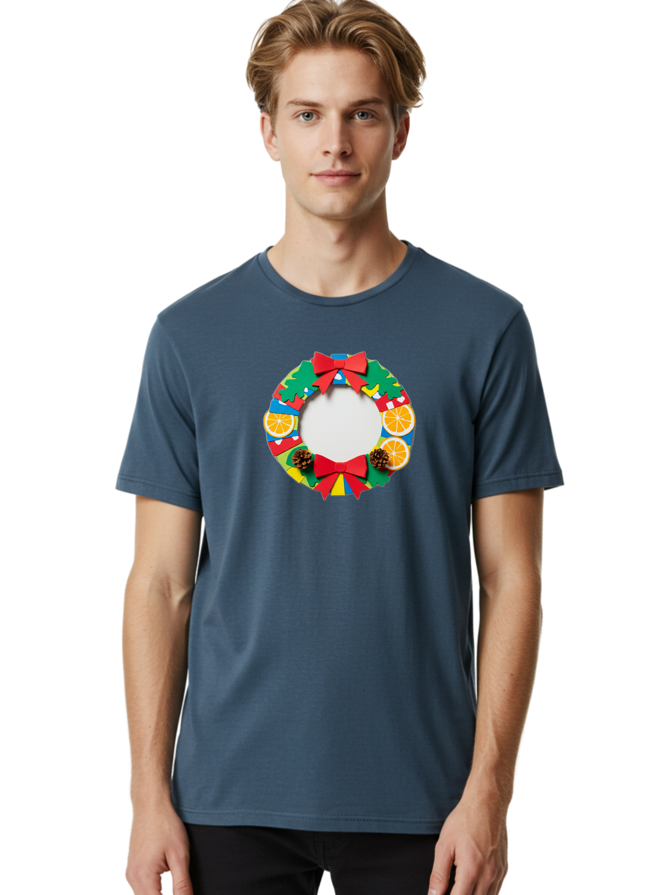 Christmas-Wreath-4 Men'S Graphic Tee, 100% Cotton, Comfortable Casual Summer Wear, Machine Washable, Colorful Christmas Wreath, Festive Decorations, Red Bows, Pine Cones, Orange Slices, Holiday Decor, Seasonal Decor, Christmas Decorations, Bab757