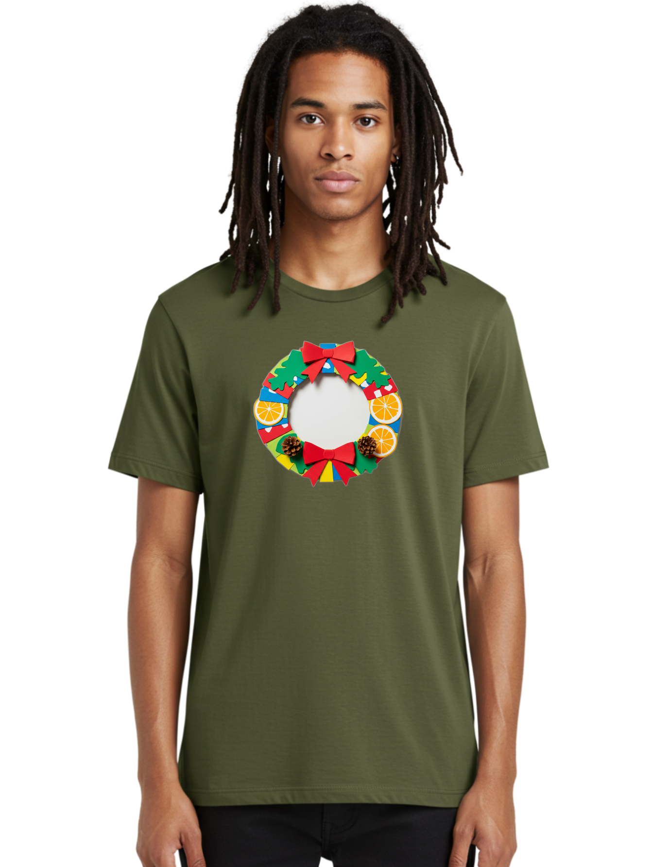 Christmas-Wreath-4 Men'S Graphic Tee, 100% Cotton, Comfortable Casual Summer Wear, Machine Washable, Colorful Christmas Wreath, Festive Decorations, Red Bows, Pine Cones, Orange Slices, Holiday Decor, Seasonal Decor, Christmas Decorations, Bab757