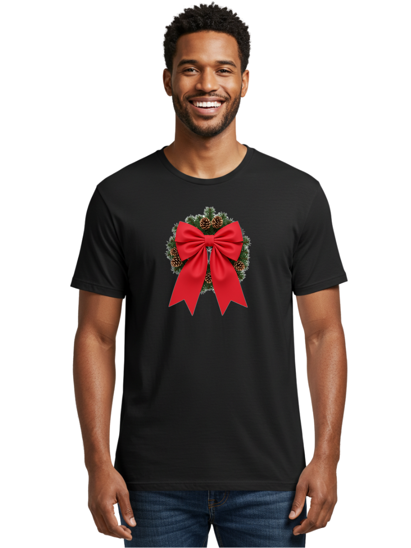 Christmas-Wreath-With-Red-Bow Men'S Graphic Tee, 100% Cotton, Comfortable Casual Summer Wear, Machine Washable, Pinecone Wreath, Christmas Decoration, Red Bow, Festive, Holiday Decor, Evergreen Branches, Satin Ribbon, Seasonal Decor, Bab758