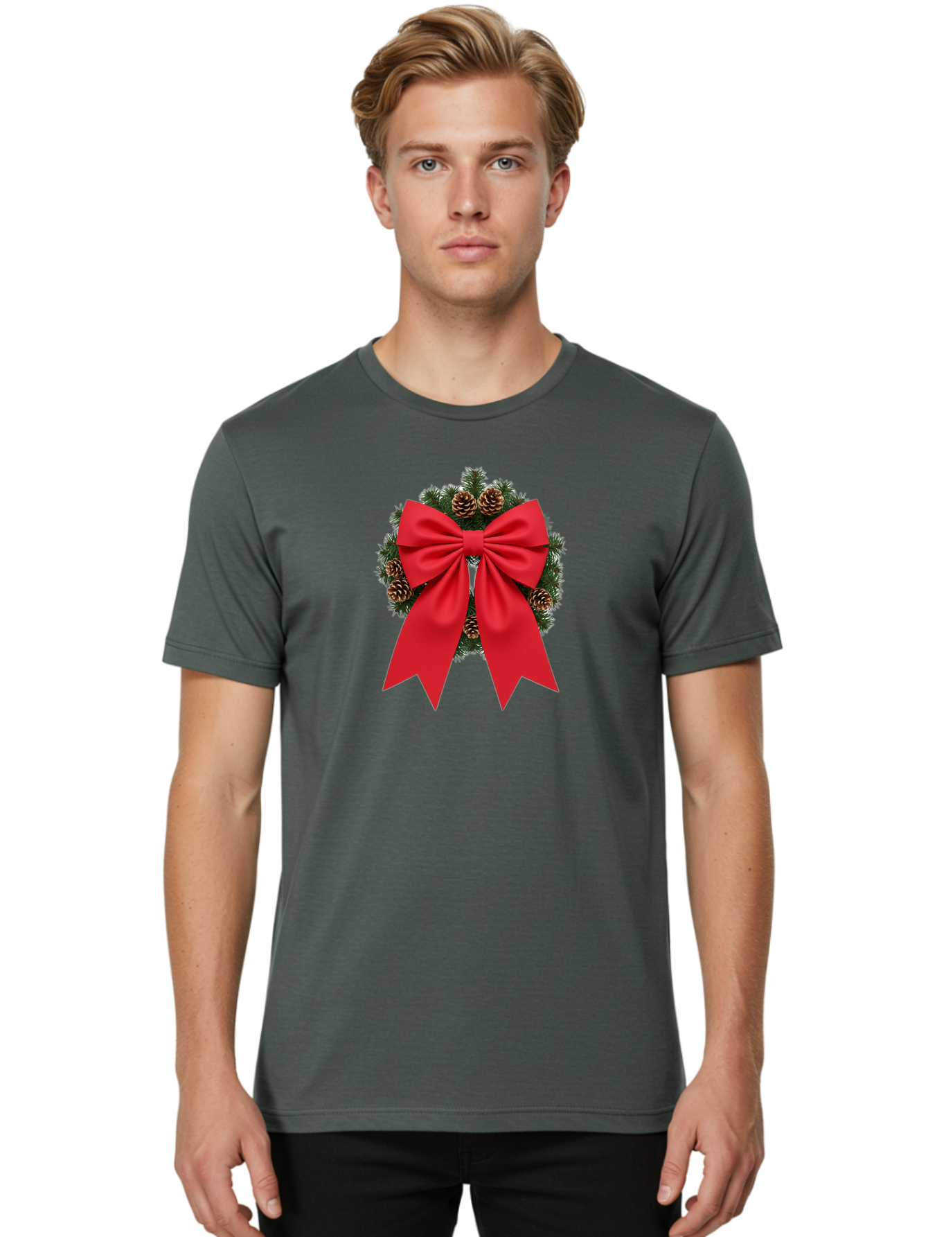 Christmas-Wreath-With-Red-Bow Men'S Graphic Tee, 100% Cotton, Comfortable Casual Summer Wear, Machine Washable, Pinecone Wreath, Christmas Decoration, Red Bow, Festive, Holiday Decor, Evergreen Branches, Satin Ribbon, Seasonal Decor, Bab758