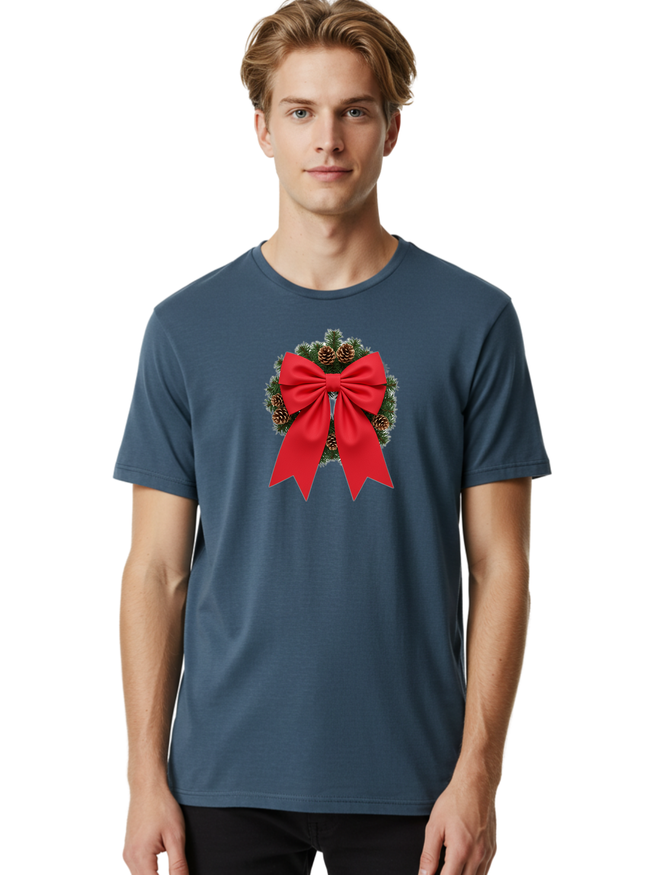 Christmas-Wreath-With-Red-Bow Men'S Graphic Tee, 100% Cotton, Comfortable Casual Summer Wear, Machine Washable, Pinecone Wreath, Christmas Decoration, Red Bow, Festive, Holiday Decor, Evergreen Branches, Satin Ribbon, Seasonal Decor, Bab758
