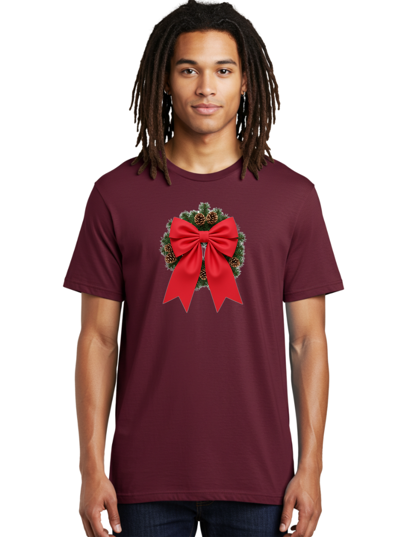 Christmas-Wreath-With-Red-Bow Men'S Graphic Tee, 100% Cotton, Comfortable Casual Summer Wear, Machine Washable, Pinecone Wreath, Christmas Decoration, Red Bow, Festive, Holiday Decor, Evergreen Branches, Satin Ribbon, Seasonal Decor, Bab758