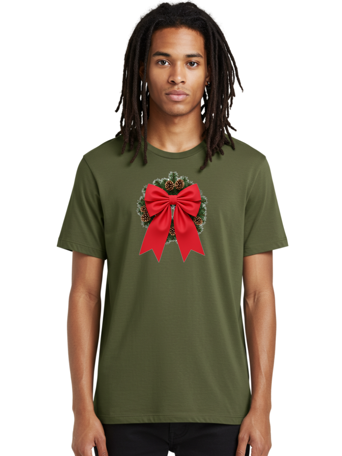 Christmas-Wreath-With-Red-Bow Men'S Graphic Tee, 100% Cotton, Comfortable Casual Summer Wear, Machine Washable, Pinecone Wreath, Christmas Decoration, Red Bow, Festive, Holiday Decor, Evergreen Branches, Satin Ribbon, Seasonal Decor, Bab758