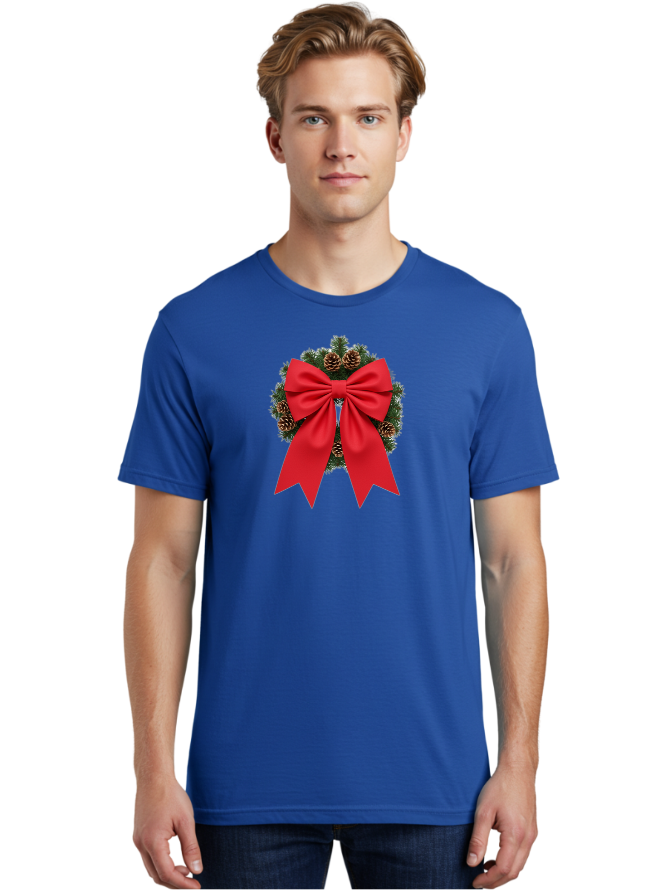 Christmas-Wreath-With-Red-Bow Men'S Graphic Tee, 100% Cotton, Comfortable Casual Summer Wear, Machine Washable, Pinecone Wreath, Christmas Decoration, Red Bow, Festive, Holiday Decor, Evergreen Branches, Satin Ribbon, Seasonal Decor, Bab758