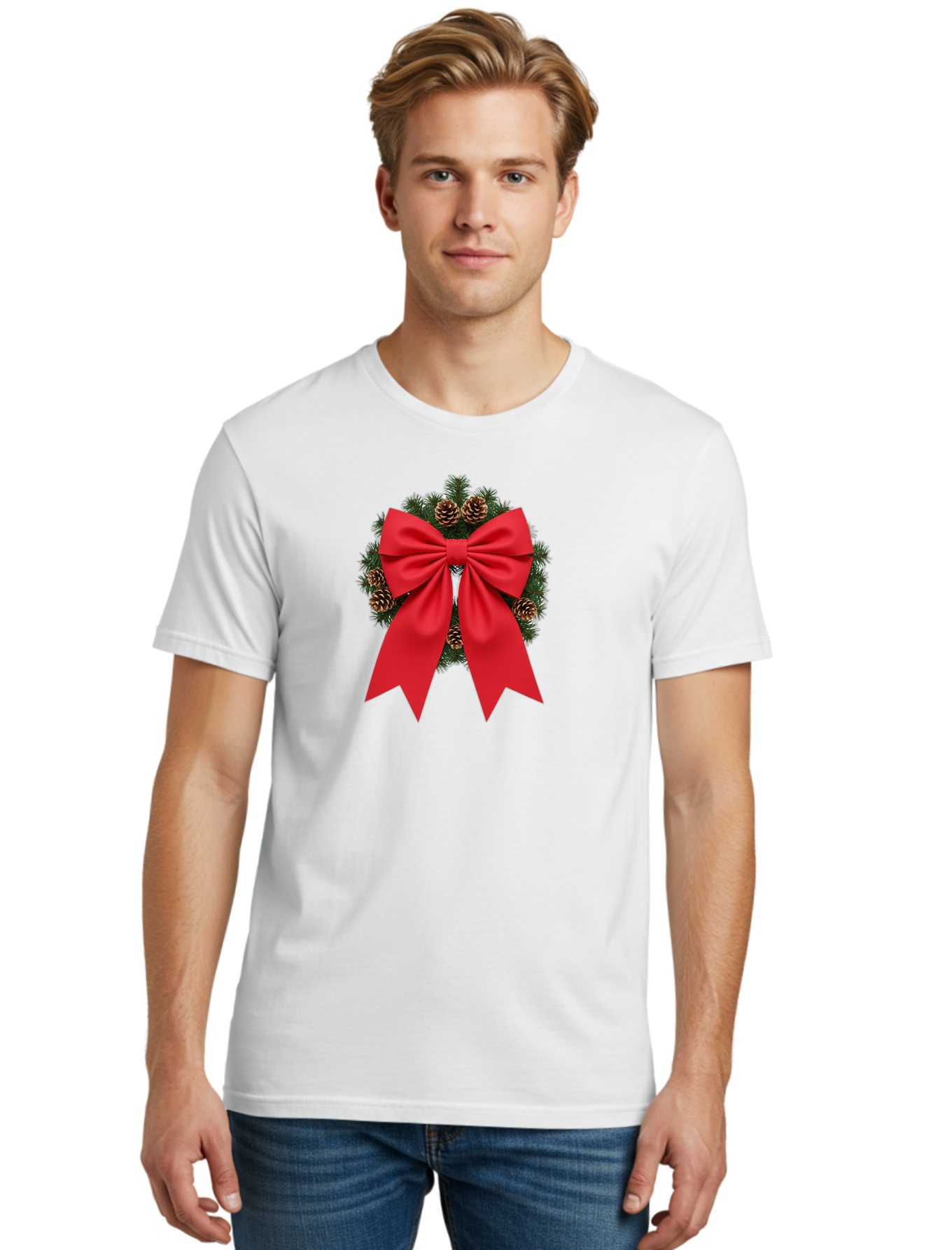 Christmas-Wreath-With-Red-Bow Men'S Graphic Tee, 100% Cotton, Comfortable Casual Summer Wear, Machine Washable, Pinecone Wreath, Christmas Decoration, Red Bow, Festive, Holiday Decor, Evergreen Branches, Satin Ribbon, Seasonal Decor, Bab758