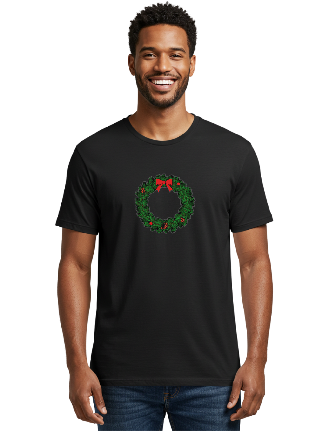 Christmas-Wreath Men'S Graphic Tee, 100% Cotton, Comfortable Casual Summer Wear, Machine Washable, Christmas Wreath, Evergreen Branches, Red Bow, Pinecones, Red Ornaments, Festive Decoration, Holiday Decor, Seasonal Design, Christmas Theme Bab759