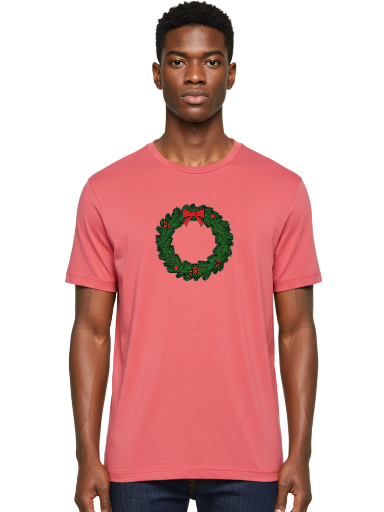 Christmas-Wreath Men'S Graphic Tee, 100% Cotton, Comfortable Casual Summer Wear, Machine Washable, Christmas Wreath, Evergreen Branches, Red Bow, Pinecones, Red Ornaments, Festive Decoration, Holiday Decor, Seasonal Design, Christmas Theme Bab759