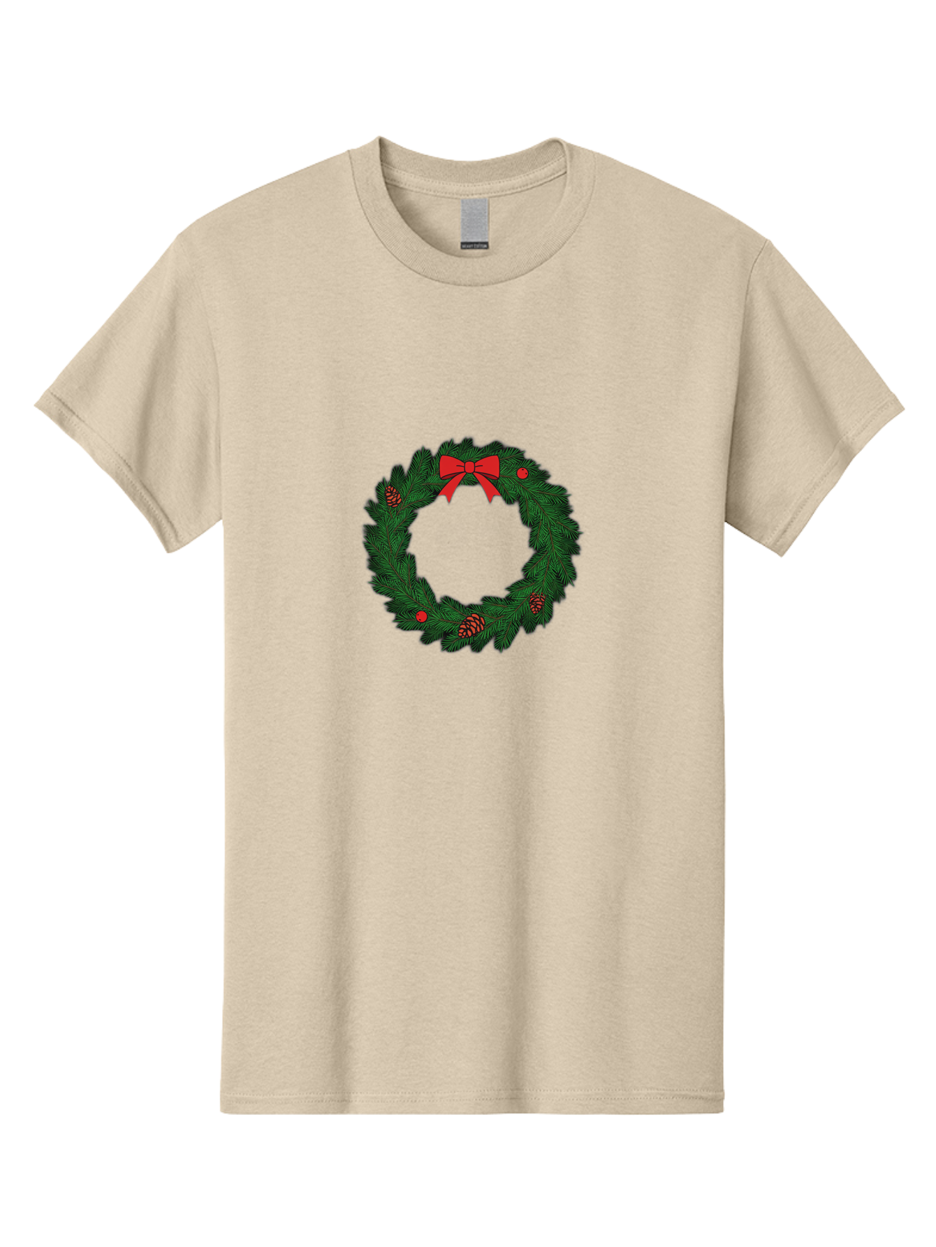 Christmas-Wreath Men'S Graphic Tee, 100% Cotton, Comfortable Casual Summer Wear, Machine Washable, Christmas Wreath, Evergreen Branches, Red Bow, Pinecones, Red Ornaments, Festive Decoration, Holiday Decor, Seasonal Design, Christmas Theme Bab759